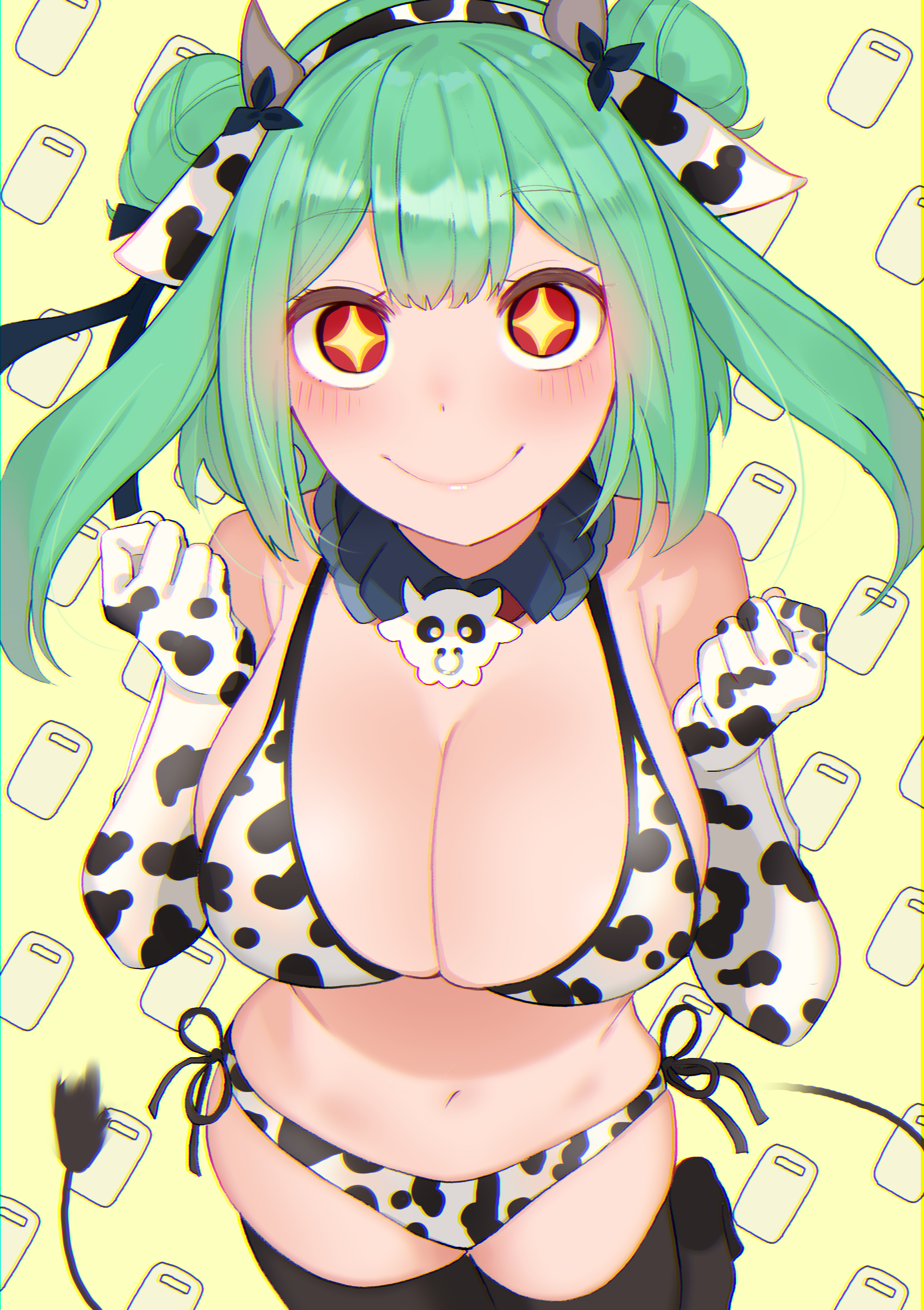 + +, 2021, absurdres, alternate breast size, animal print, bikini, breasts, cleavage, cow print, cow print bikini, cow print gloves, cutting board, double bun, elbow gloves, female, gloves, green hair, hair bun, headband, highres, hololive, hololive fantasy, hololive japan, large breasts, looking at viewer, navel, print bikini, print gloves, red eyes, short hair, simple background, smile, solo, sparkling eyes, swimsuit, tonarikeru, uruha rushia, virtual youtuber, year of the ox