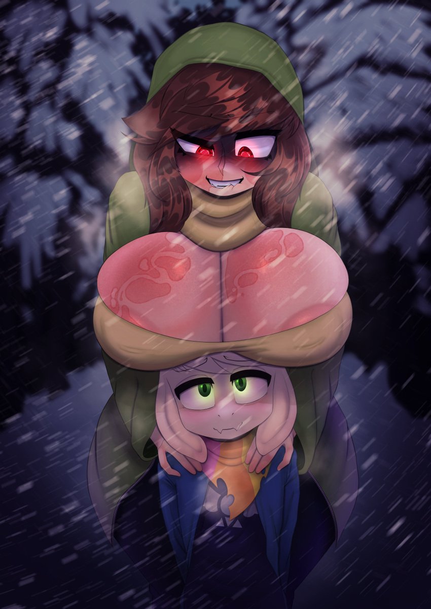 1boy 1boy1girl 1girls 2022 anthro asriel_dreemurr bandana big_breasts big_breasts bigger_female biting_lip blush blush blushing_at_partner breasts breasts brother_and_sister brown_hair burn_scar chara clothed clothes clothing darky darkynsfw delta_rune_(emblem) dominant_female duo female female_human forest furry grabbing grabbing_from_behind green_eyes hands horny horny_female huge_breasts human large_breasts larger_female light-skinned_female light_skin long_hair looking_at_partner looking_down looking_up male male/female male_anthro mammal mammal_humanoid monster nipples nipples_visible_through_clothing no_bra red_eyes rosy_cheeks shadow size_difference smaller_anthro smaller_male smile smiling_at_each_other smiling_at_partner smirk snow snowing standing staring storyshift storyshift_chara teeth teeth_clenched teeth_showing teeth_visible toby_fox undertale undertale_(series) undertale_au video_games visible_breath visible_nipples voluptuous voluptuous_female white white_body white_hair