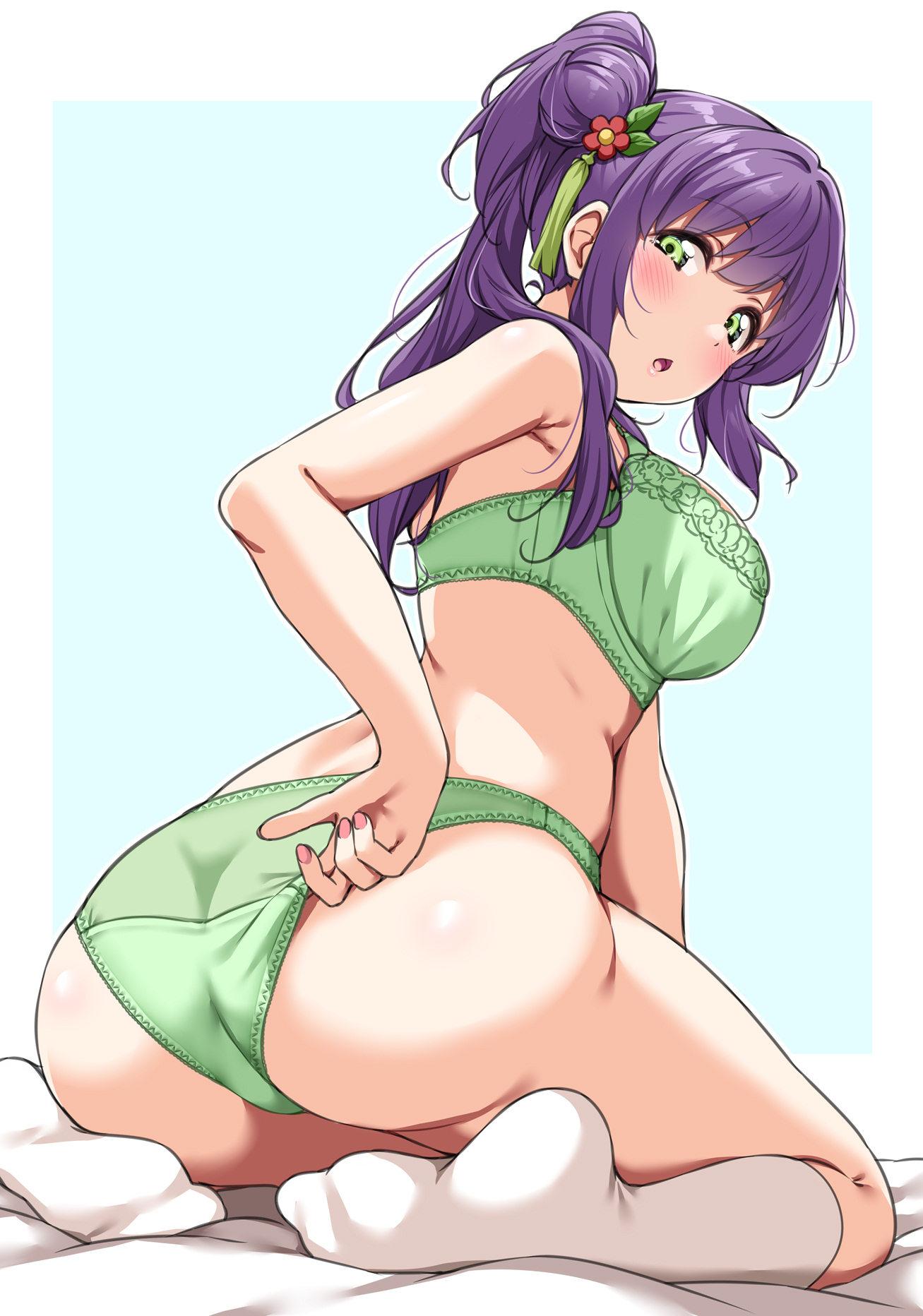 1girls, adjusting clothes, adjusting panties, ass, blush, bra, breasts, clothing, commentary, female, from behind, green bra, green eyes, green panties, hair ornament, high side ponytail, highres, large breasts, link! like! love live!, long hair, love live!, matching underwear, open mouth, otomune kozue, panties, purple hair, sitting, socks, spread legs, underwear, virtual youtuber, wariza, white socks, yopparai oni