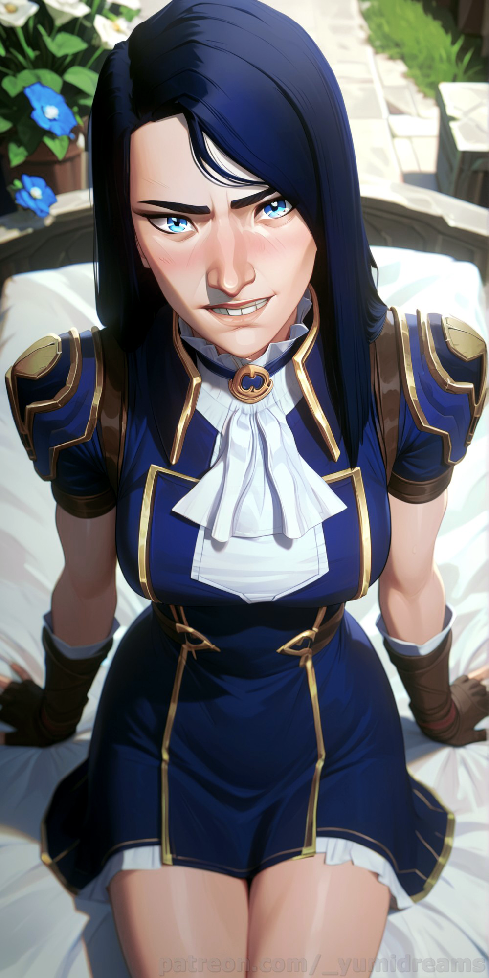 3d _yumidreams ai_generated arcane arm_support bed blue_dress blue_eyes caitlyn_(league_of_legends) caitlyn_kiramman fingerless_gloves league_of_legends looking_at_viewer on_bed police_uniform short_sleeves teeth thighs