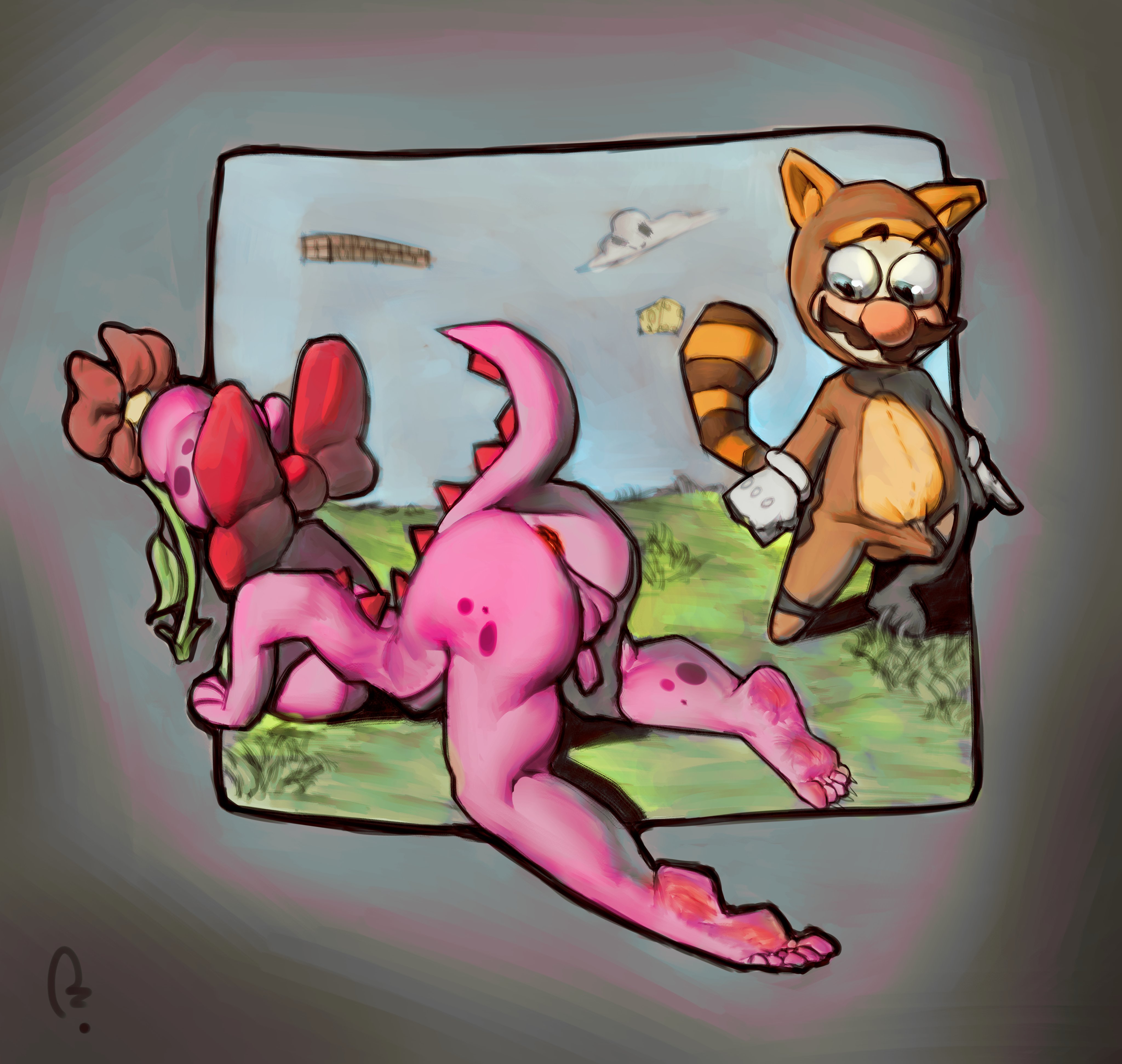 1boy, 1futa, 2024, absurd res, absurd resolution, absurdres, alternate version at source, alternate version available, anthro, anus, ass, balls, barefoot, big breasts, birdo, blue eyes, blue sky, breast press, breasts, brown clothing, brown hair, clothed male, cloud, curvaceous body, curvaceous figure, curvaceous futa, dickgirl, erection, extinctyellow, flower, futa sans pussy, futanari, gloves, grass, intersex, looking at another, male, male on futa, mario, mario (series), medium penis, moustache, naked futa, nintendo, nude, nude anthro, nude futa, penis, pink body, ribbon, smaller male, smelling, super mario bros., tail, taller futa, tanuki ears, tanuki tail, top-down bottom-up, watermark