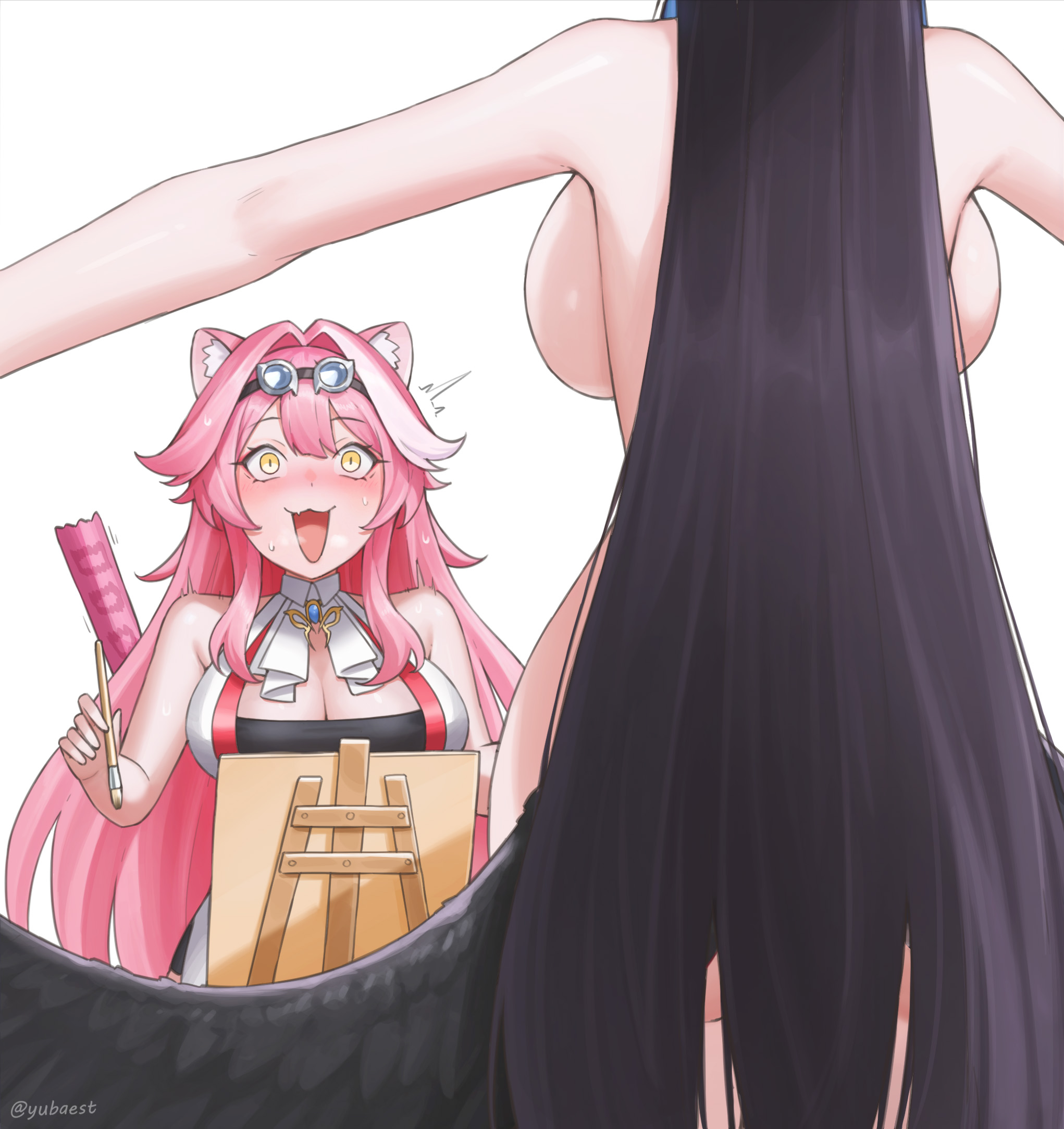 :3, 2girls, animal ear fluff, animal ears, arms out, ascot, ass, back, backboob, bare shoulders, bird girl, bird wings, black hair, black wings, blue gemstone, blue hair, blush, breasts, cleavage, clothed female nude female, completely nude, dress, easel, erect tail, eyebrows, eyeshadow, feathered wings, female, female only, from behind, gem, goggles, goggles on head, hair intakes, halter dress, highres, holding, holding brush, holding paintbrush, hololive, hololive english, hololive english -advent-, hololive english -justice-, huge breasts, large breasts, long hair, looking at another, low wings, makeup, modeling, multicolored hair, multiple females, multiple girls, neckerchief, nerissa ravencroft, nervous smile, nude, nude model, nude modeling, oerba yun fang, open mouth, outstretched arms, paintbrush, painting, panther ears, panther girl, panther tail, pink hair, raora panthera, red eyeshadow, shiny skin, shoulderless dress, simple background, skin fang, slit pupils, smile, standing, streaked hair, sweat, tail, thighs, twitter username, two-tone hair, very long hair, virtual youtuber, watermark, white ascot, white background, white hair, wide eyed, wings, yellow eyes, yubaest