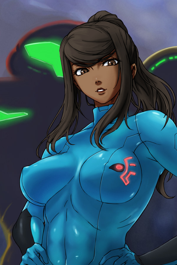 armor bodysuit breasts brown_eyes brown_hair covered_erect_nipples dark-skinned_female dark_skin female female_focus large_breasts long_hair metroid michael_f91 nintendo outdoors samus_aran sky solo source_request third-party_edit upper_body zero_suit