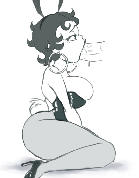 artist request, betty boop, betty boop (series), big breasts, blowjob, breasts, bunny girl suit, cartoony, fellatio, female, hoop earrings, kneeling, male, oral, oral sex, penis, playboy bunny, rubberhose, thick thighs, thighs, toon, toony, voluptuous, voluptuous female