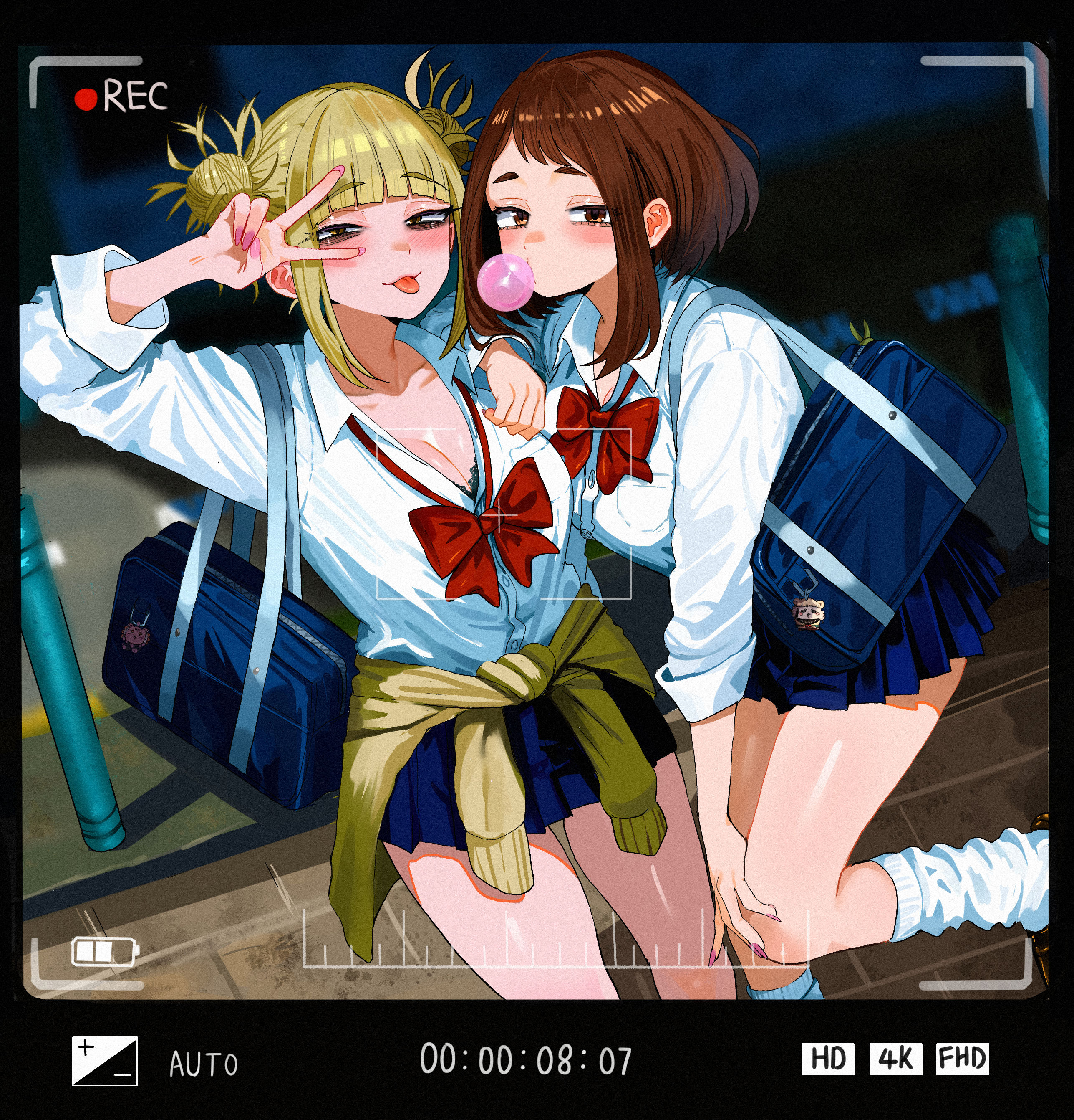 2girls, absurdres, bag, bags under eyes, battery indicator, black bra, blonde hair, blonde-haired female, blowing bubble gum, blue skirt, boku no hero academia, bow, bra, bra peek, breasts, brown eyes, brown hair, brown-haired female, chewing gum, cleavage, clothes around waist, collarbone, commentary request, double bun, female, female only, gyaru, hair bun, highres, himiko toga, jacket, jacket around waist, large breasts, looking at viewer, loose socks, medium hair, messy hair, multiple females, multiple girls, my hero academia, ochako uraraka, pink nails, recording, red bow, school bag, school uniform, shirt, sidelocks, skirt, socks, toga himiko, tongue, tongue out, underwear, uraraka ochaco, v, v over eye, viewfinder, white shirt, white socks, zd (pixiv6210083)