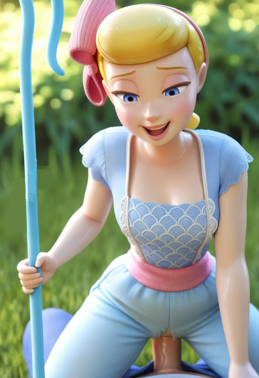 3d ai_generated blonde_hair blue_eyes bo_peep clothed disney penis penis_in_pussy pixar smile torn_clothes toy_story toy_story_4