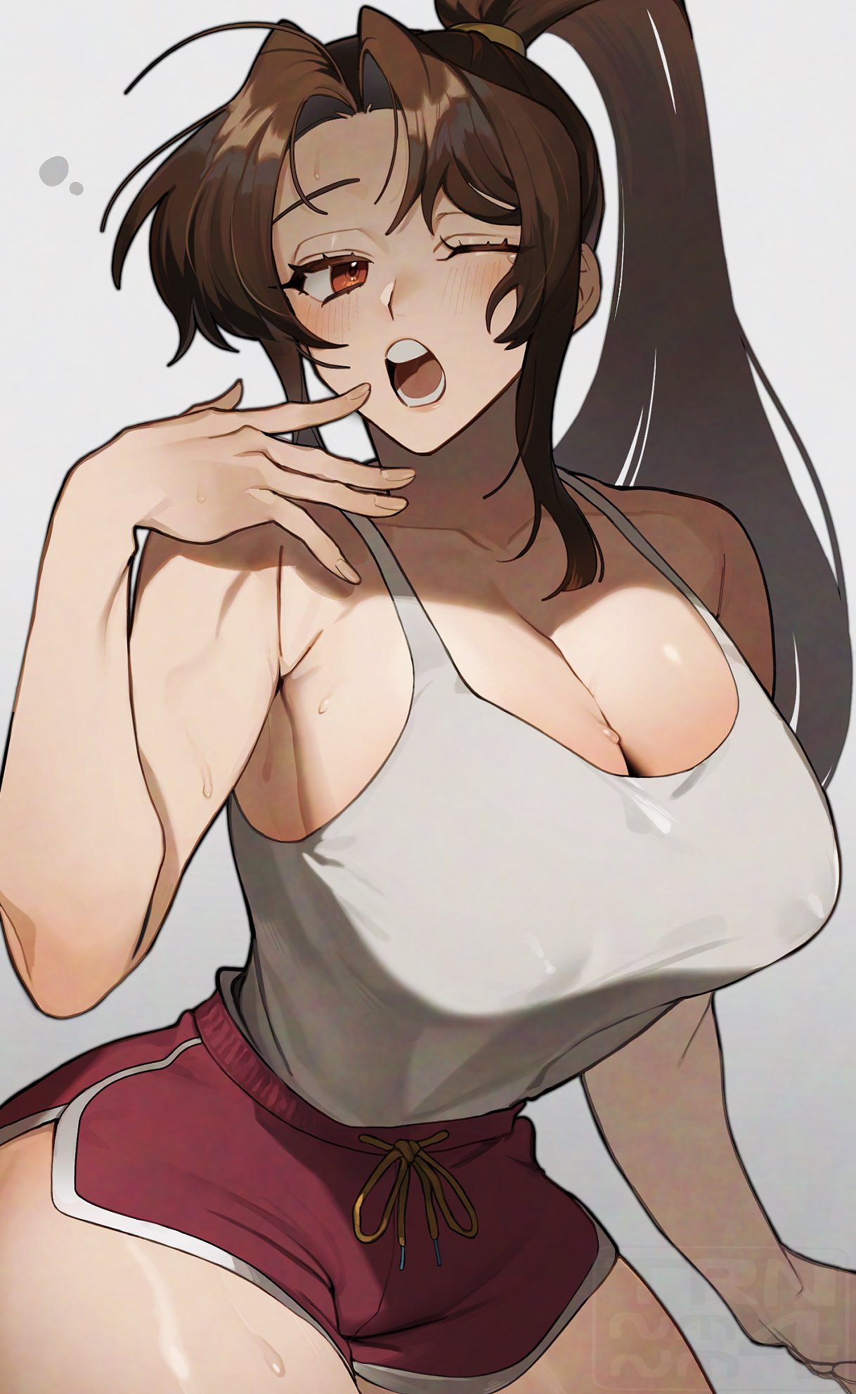 1girls, alternate costume, bare shoulders, big breasts, blush, breasts, brown eyes, brown hair, cleavage, dolphin shorts, fatal fury, female, female focus, female only, high ponytail, highres, human, human female, human only, king of fighters, light skin, light-skinned female, long hair, mai shiranui, mai shiranui (casual), mai shiranui (street fighter 6), official alternate costume, one eye closed, open mouth, pink shorts, ponytail, shorts, simple background, snk, solo, solo female, street fighter, street fighter 6, tank top, thighs, trnnmnm4, twitter link, white tank top