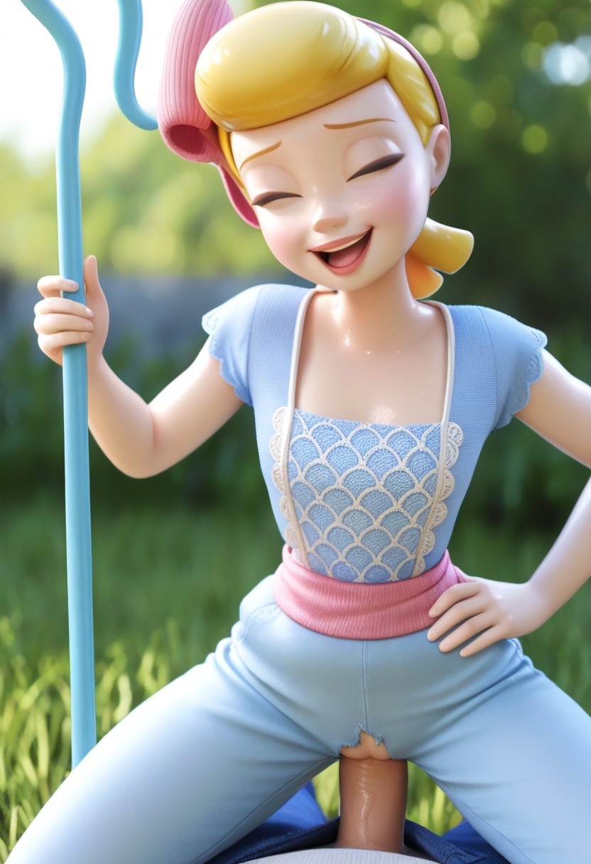 3d ai_generated blonde_hair blue_eyes bo_peep clothed disney penis penis_in_pussy pixar smile torn_clothes toy_story toy_story_4