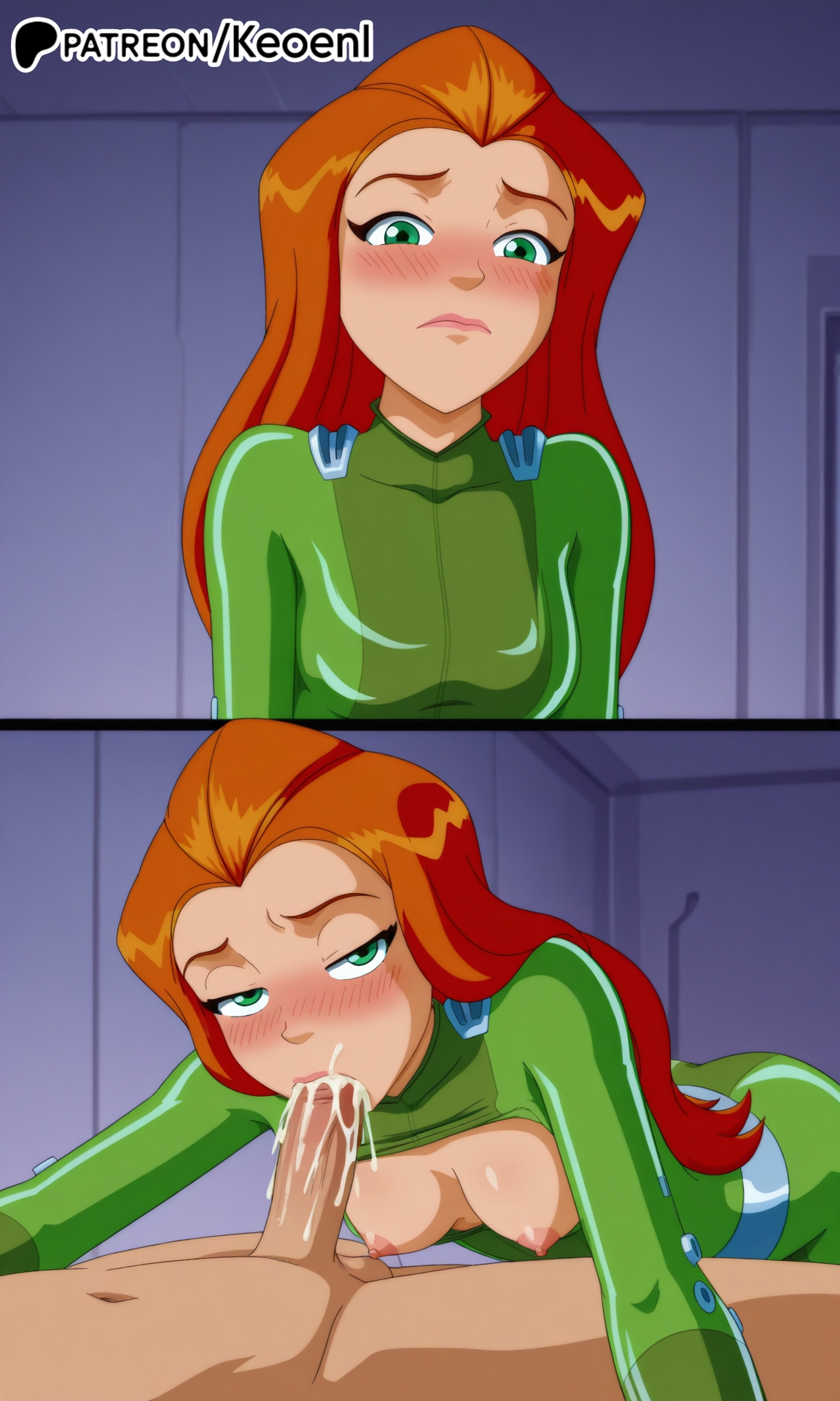 1boy, 1girls, 2 panel comic, ai generated, assisted fellatio, balls, bedroom, blowjob, blush, bodysuit, breasts, breasts out, cartoon network, cum, cum in mouth, cumshot, embarrassed, embarrassed nude female, fellatio, female, green bodysuit, green eyes, hi res, huge cock, indoors, keoenl, light skin, long hair, looking at viewer, looking up, male, male/female, medium breasts, nipples, panels, partial male, penis, pink nipples, red hair, saliva, saliva drip, sam (totally spies), testicles, totally spies, veiny penis