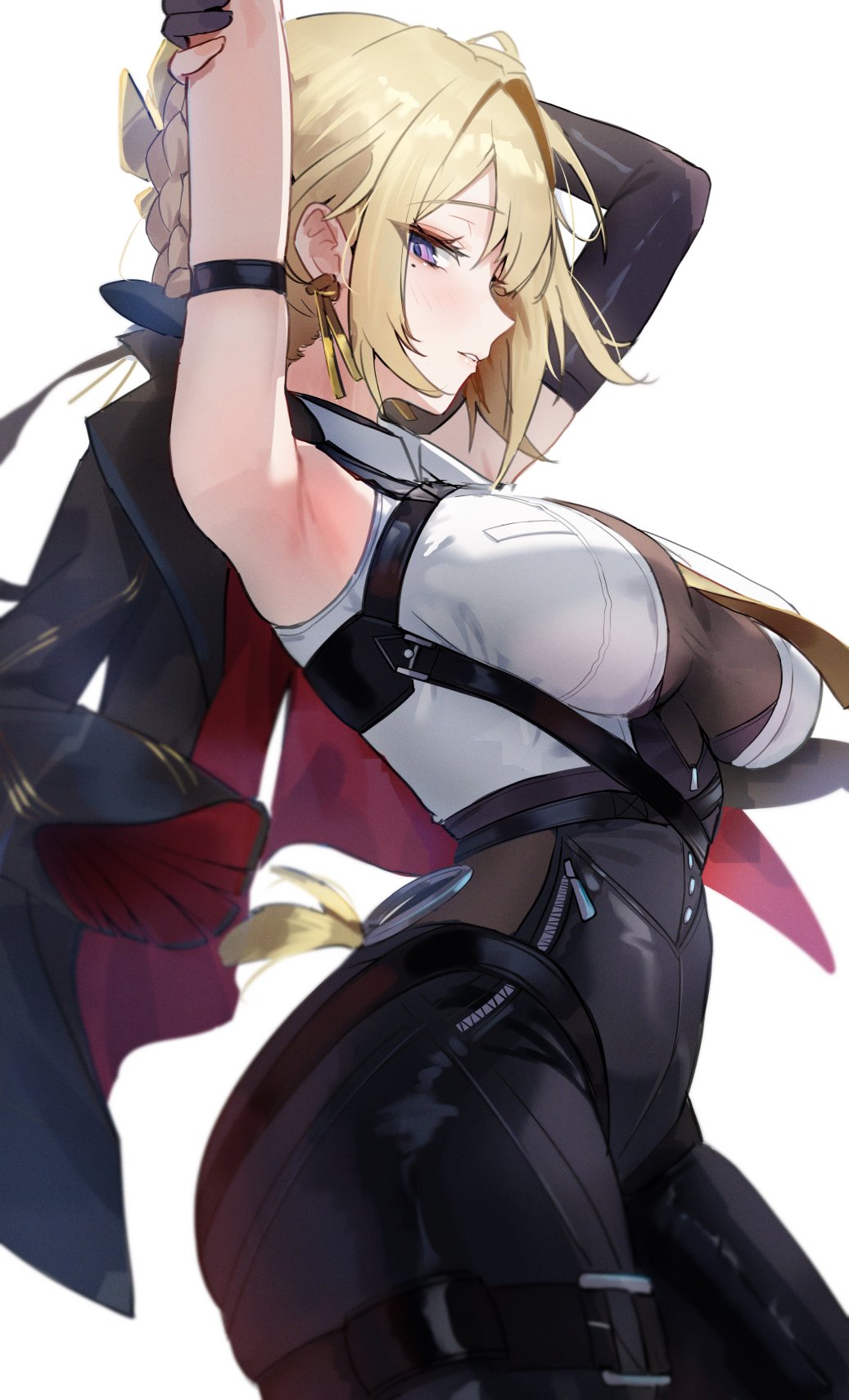 1girls, arm strap, armpits, arms up, black jacket, black pants, blonde hair, breasts, collared shirt, commentary, cowboy shot, desire (des1re), earrings, evelyn chevalier, female, from side, hashtag-only commentary, high-waist pants, highres, jacket, jacket on shoulders, jewelry, large breasts, light smile, looking at viewer, mole, mole under eye, necktie, pants, parted lips, purple eyes, shirt, short hair, sidelocks, simple background, solo, tight clothes, tight pants, white background, white shirt, yellow necktie, zenless zone zero