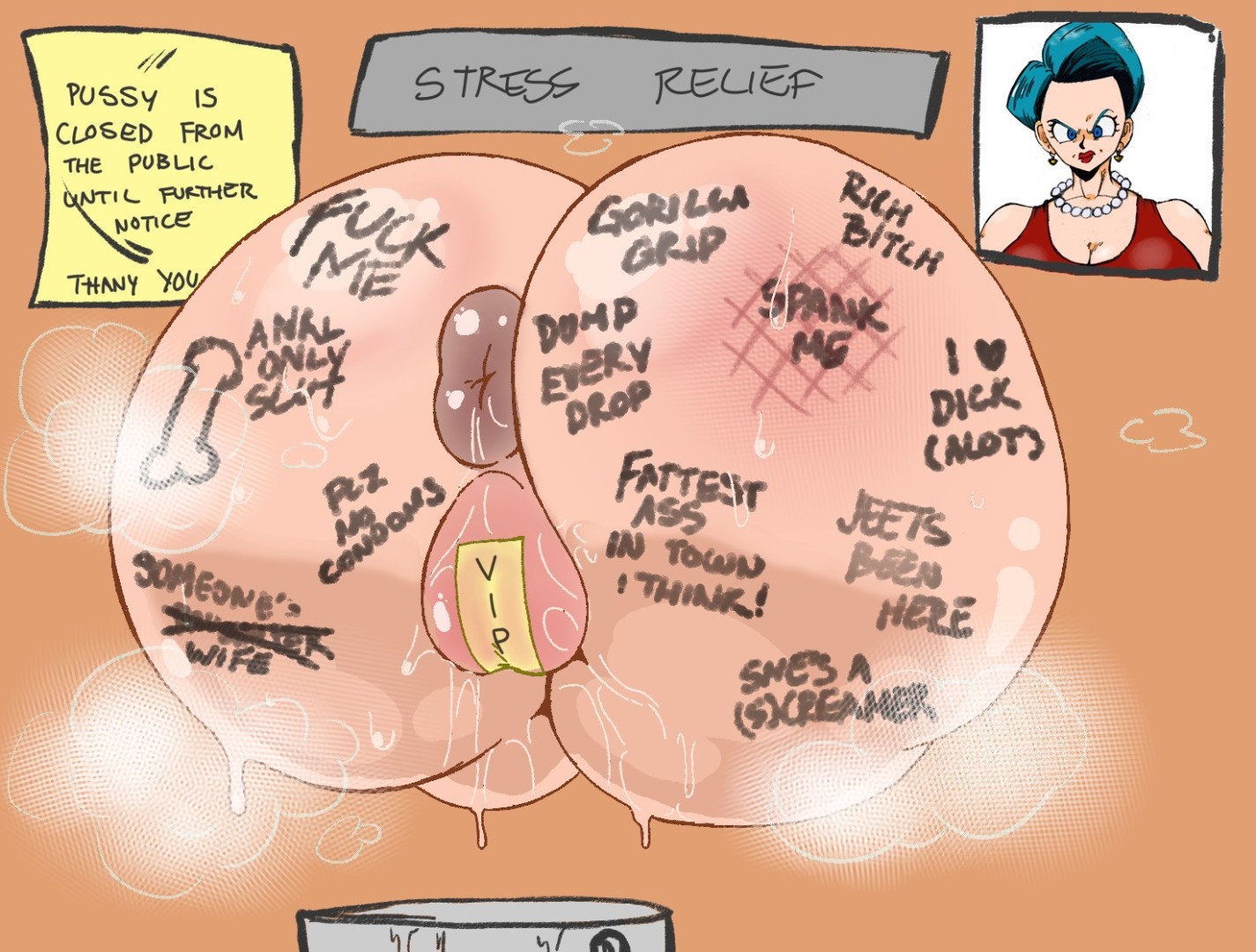 1girls, anal, anal access, anal only, anal only maebari, body writing, bulma briefs, bulma briefs (gt saga), dragon ball, dragon ball gt, dragon ball super, dragon ball z, duplicate, female, female only, glory hole, glory wall, maebari, weener72