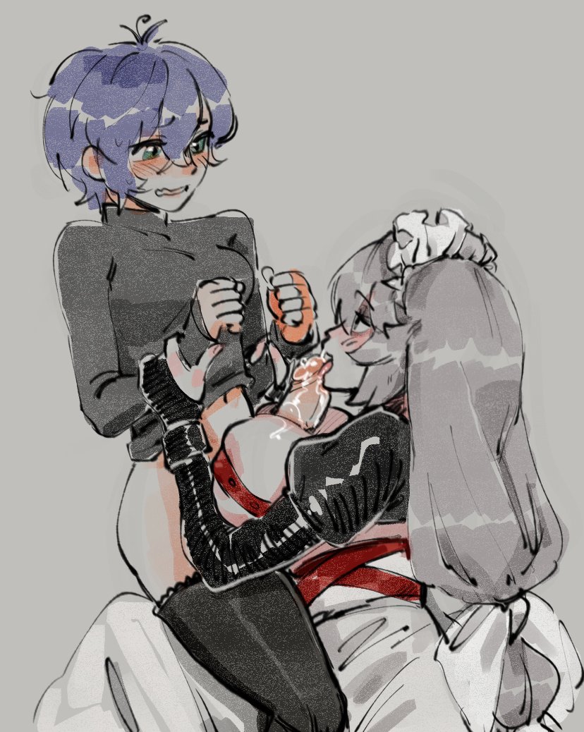 2girls alexandrina_sebastiane belle_(zenless_zone_zero) breasts drooling_on_penis female futa_on_female futanari green_eyes huge_breasts intersex large_penis maid maid_headdress maid_uniform paizuri prostitution purple_hair sweeter_kiwiis white_hair zenless_zone_zero