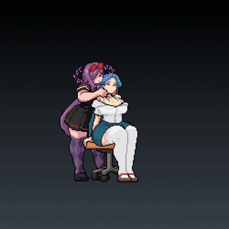 2girls animated aurora_(city_of_secrets) big_breasts black_skirt blue_hair blue_skirt bow bra bra_strap breasts city_of_secrets cleavage emma_(city_of_secrets) gif hair hairbow hypnosis long_hair massage mind_control purple_hair purple_thighhighs red_bow red_hair_bow school_uniform shirt sitting skirt stockings thedarklight white_thighhighs
