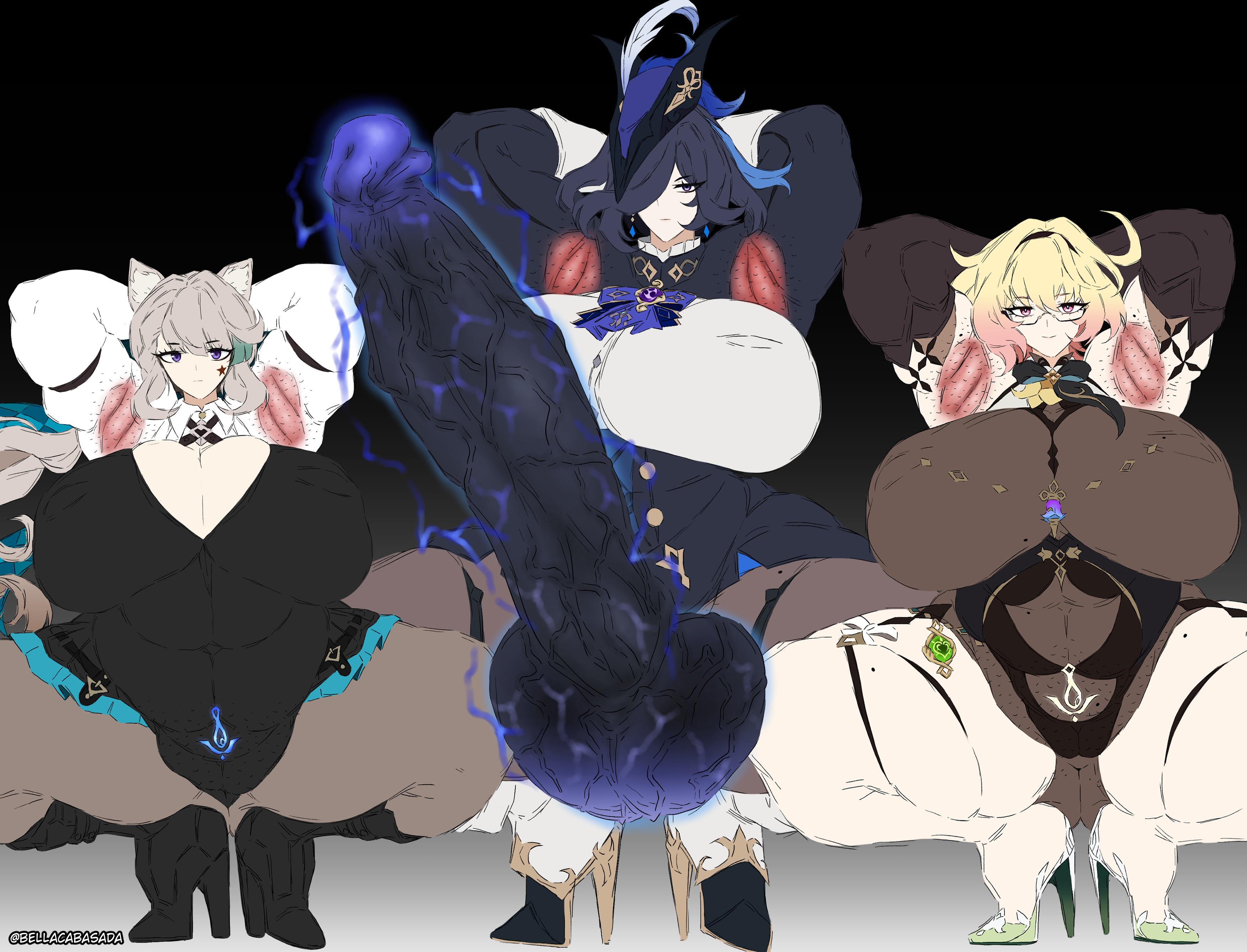 1futa, 2girls, armpit stubble, arms up, bellacabasada, breasts, breasts bigger than head, clorinde (genshin impact), emilie (genshin impact), erection, female, futa focus, futanari, genshin impact, gigantic breasts, huge breasts, intersex, lynette (genshin impact), squatting, stubble