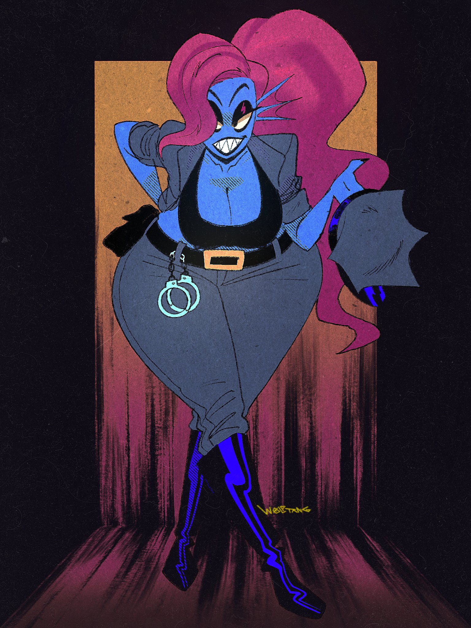 1girls, 2022, anthro, artist name, belt, big breasts, black eyes, black eyeshadow, black lipstick, blue body, blue skin, boots, bottom heavy, breasts, busty, cleavage, clothed, clothed female, clothing, crossed legs, curvaceous, curvy, deltarune, ear fins, eyeshadow, female, front view, fully clothed, grin, hair, hair over one eye, handcuffs, hanging breasts, hi res, huge thighs, jacket, knee boots, kneehighs, large breasts, leaning forward, legs together, lipstick, long hair, looking at viewer, makeup, marine, marine humanoid, open clothes, open jacket, pants, police uniform, pose, posing, red hair, redhead, sharp teeth, signature, smile, smiling, smiling at viewer, solo, standing, teeth, thick thighs, thighs, undertale (series), undyne, undyne (deltarune), uniform, voluptuous, wide hips, wolftang