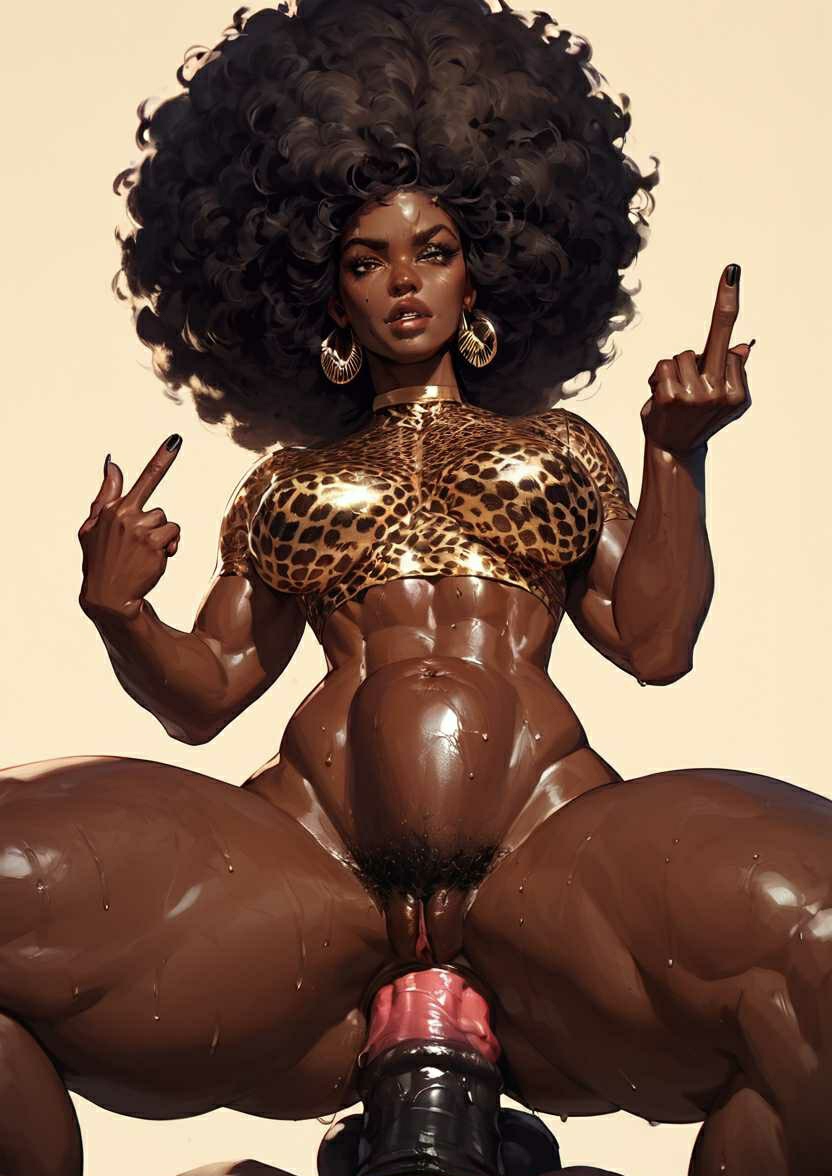 1boy, 1girl, adult, adult female, adult woman, african, african female, afro, afro hair, ai generated, anal, anal impregnation, anal sex, animal cock, animal genitalia, animal penis, athletic, athletic female, belly bulge, belly button, big cock, big dick, big earrings, big hair, big penis, black female, black nails, black woman, bottom view, breasts, covered breasts, curly hair, curly hair style, curly pubic hair, curly-haired female, dark hair, dark-skinned female, dominant, dominant female, dominant woman, domination, double middle finger, ear accessory, earrings, eyes half closed, fat thighs, female, female focus, female human, female penetrated, female pubic hair, golden accessories, golden earrings, hair bigger than head, hairy pubes, hairy pubic, horse dick, horse penis, horsecock, leopard print, leopard print shirt, lipstick, male, mature, mature body, mature female, mature figure, mature woman, medium breasts, middle aged, middle aged female, middle aged woman, middle finger, mole, mole on cheek, mole on face, muscular, muscular abdomen, muscular abs, muscular arms, muscular female, muscular legs, muscular thighs, navel, oiled, oiled body, oiled legs, oiled skin, penis, pubic hair, short sleeves, simple background, small shirt, solo female, solo woman, stomach bulge, stomach deformation, strong, strong female, sweat, sweat drip, sweat string, sweaty, sweaty belly, sweaty body, sweaty female, sweaty legs, sweaty stomach, sweaty thighs, tank top, tank top only, tanktop, teeth, teeth visible, thick eyebrows, thight clothing, viewed from below