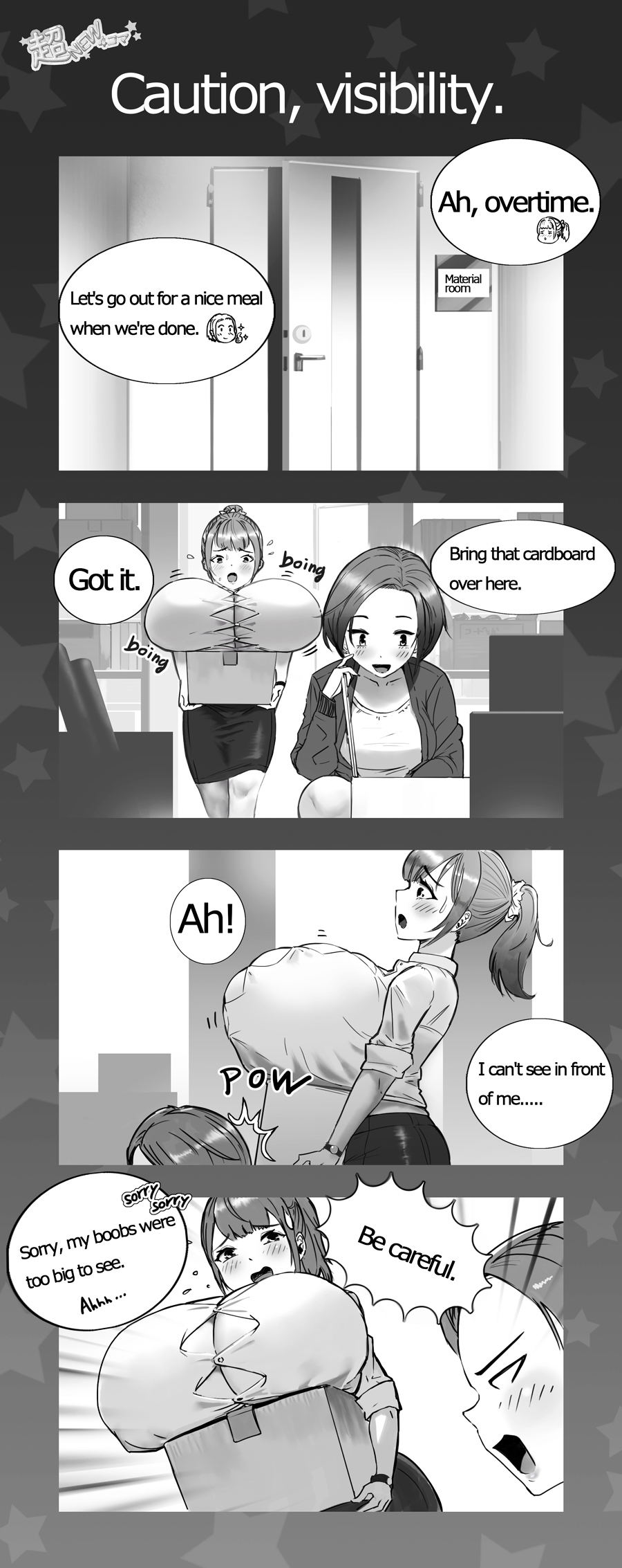 2females 2girls 2women 4_panel_comic 4koma alternate_version_available big_breasts big_breasts breasts breasts bursting_breasts comic english_translation female female_focus female_only huge_breasts huge_breasts large_breasts large_tits masamasa office_lady tagme women