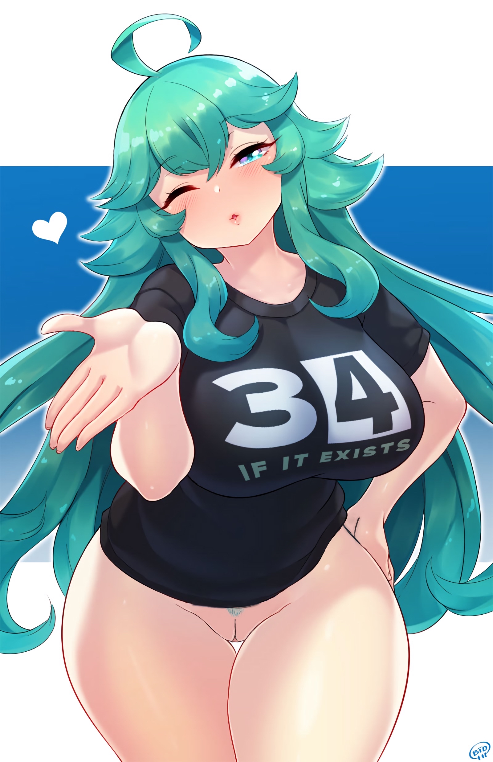 ai upscaled, almost naked, almost nude, ass, big ass, big breasts, blowing kiss, blue eyes, breasts, curly hair, exposed pussy, female, green hair, green pussy hair, hand drawn, huge ass, huge breasts, kissing, long hair, pubic hair, pussy, pussy peek, rule 34-tan, rule34.xxx, shirt, slim waist, smooch, thick thighs, white body