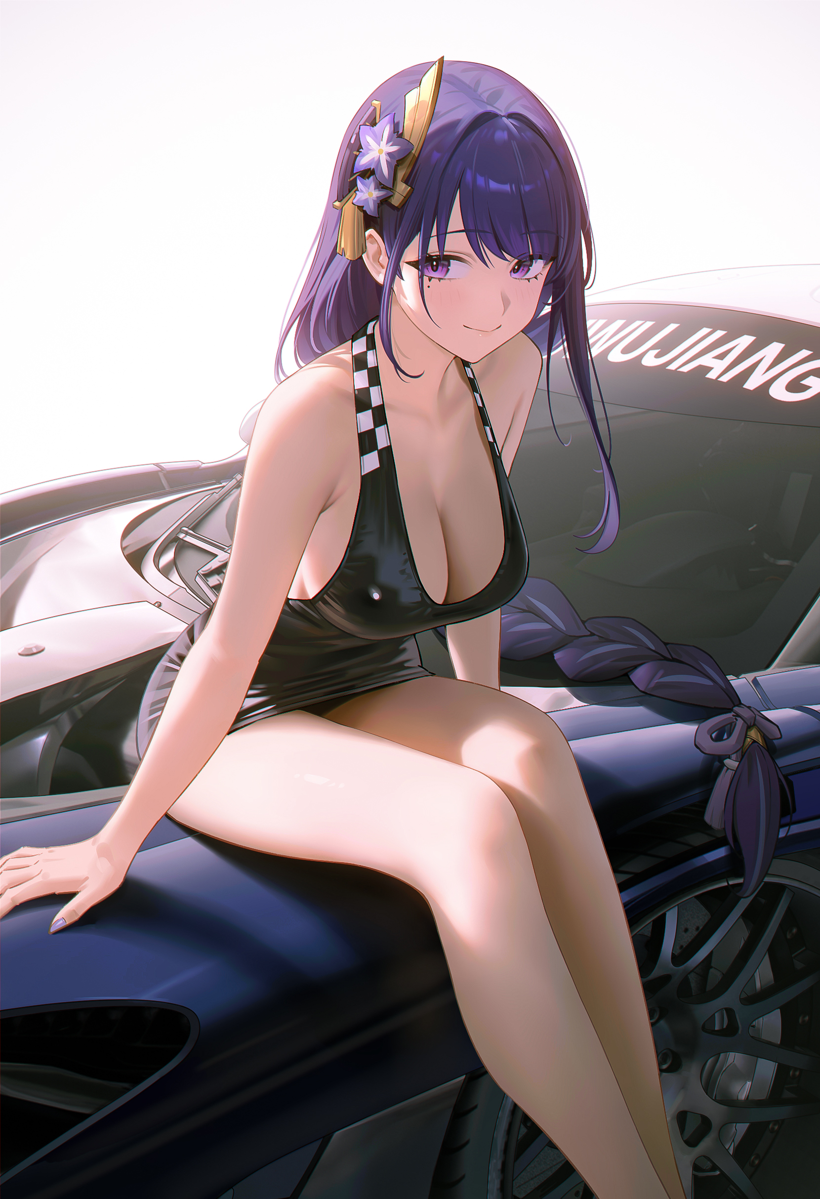 95 (jiuwujiang), absurdres, alternate costume, armpit crease, artist name, bare arms, bare legs, bare shoulders, black dress, braid, breasts, car, car hood, car hood pose, cleavage, closed mouth, collarbone, commentary, contemporary, dress, duplicate, english commentary, feet out of frame, female, female only, flower, from side, genshin impact, hair flower, hair ornament, hair ribbon, halter dress, halterneck, highres, large breasts, leaning forward, legs, light smile, long braid, long hair, looking at another, looking at viewer, low-braided long hair, low-tied long hair, mole, mole under eye, motor vehicle, multicolored hair, nail polish, on car, pixel-perfect duplicate, purple eyes, purple hair, purple nails, purple ribbon, race queen, raiden shogun, ribbon, shade, short dress, sideboob, sidelocks, single braid, sitting, smile, solo, streaked hair, thighs, very long hair