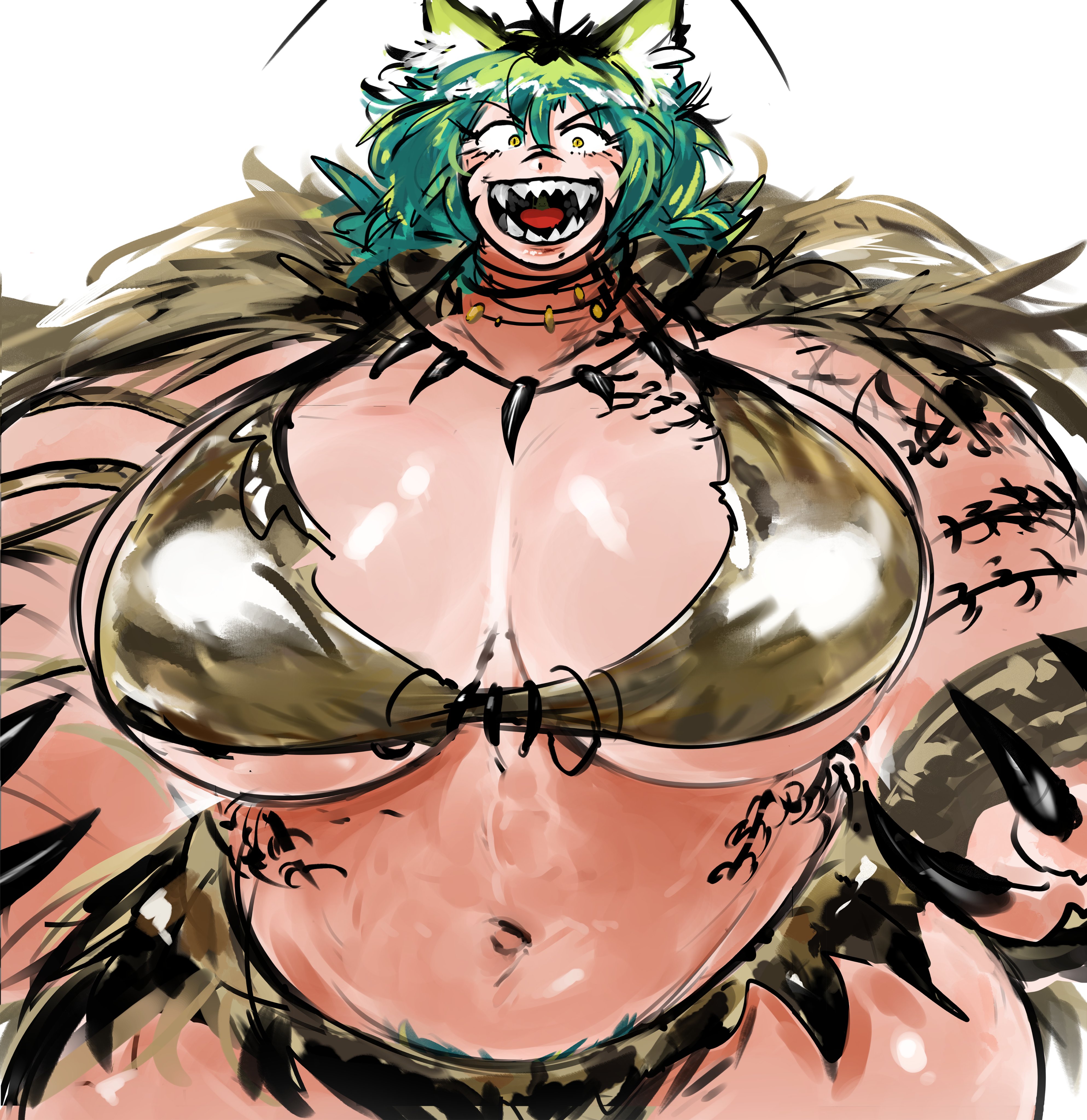 1girls, 2025, 2d (artwork), alien girl, barbarian, belly button, breasts, cape, claws, cleavage, cockroach girl, digital media (artwork), female, golden bikini, golden week, green-haired female, huge breasts, kemonomimi, looking at viewer, markings, necklace, neckwear, open mouth, pubic hair, rochi, rrrroch1, sharp teeth, short-haired female, simple background, smiling at viewer, solo female, solo focus, tongue, tooth necklace, white background, yellow-eyed female