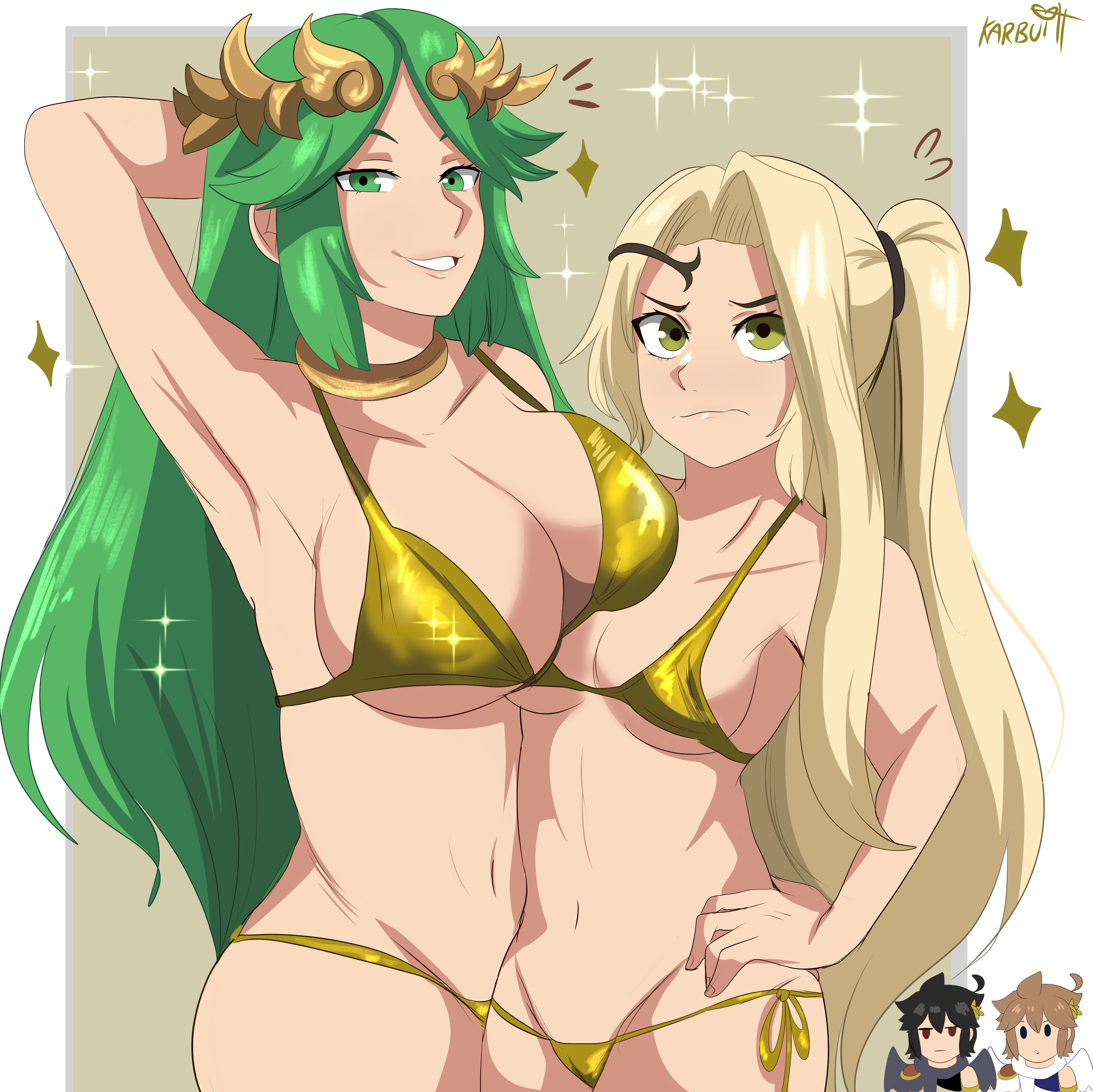 angel, black hair, blonde hair, blue eyes, bra, brown hair, collar, dark pit, female, goddess, golden bikini, golden week, green eyes, green hair, hand on hip, hands behind head, karbuitt, kid icarus, kid icarus uprising, nervous, palutena, panties, pit, pit (kid icarus), ponytail, pose, red eyes, smile, tiara, viridi, yellow eyes