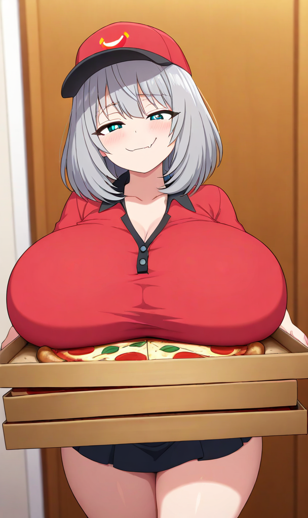 ai_generated blue_eyes huge_breasts pizza pizza_delivery silver_hair smug tejina_senpai tejina_senpai_(character) thick_thighs