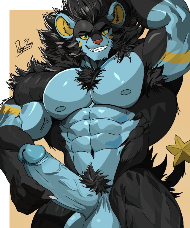 1boy abs animal_ears arm_up artist_name bara blue_eyes claws colored_sclera completely_nude draigon_spercy english_commentary erection fangs furry furry_male grin lion_ears lion_mane looking_at_viewer luxray male_focus mane muscular muscular_male navel nipples nude pectorals penis pokemon pokemon_(creature) signature smile tail testicles yellow_sclera