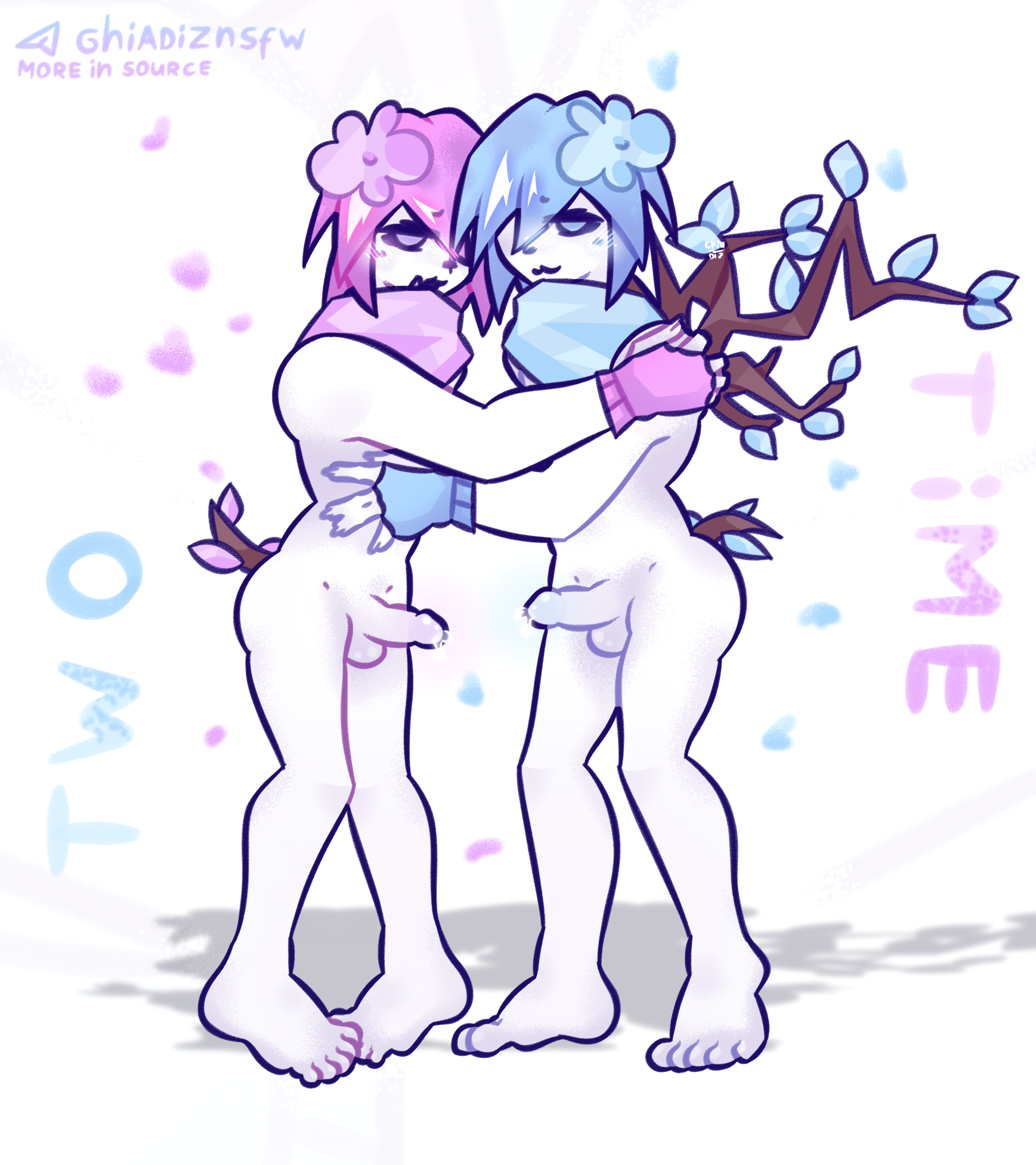 artist name, balls, blossom two time, blue eyes, blue hair, character name, clean foot, cum, dick, erection, feet, femboy, forsaken (roblox), gay, gay male, ghiadiz, male, official alternate costume, penis, pink eyes, pink hair, precum, roblox, roblox game, robloxian, self upload, two time