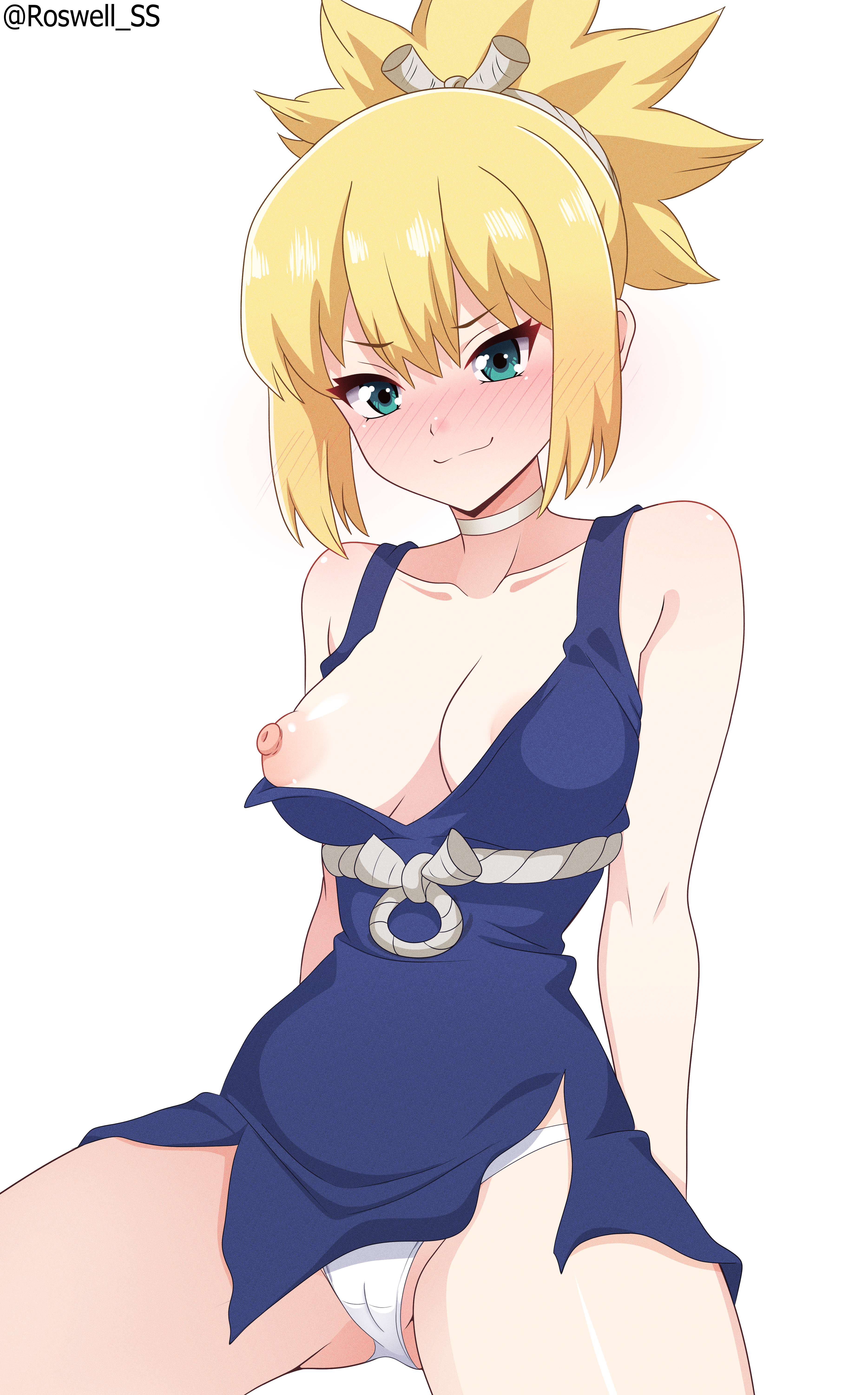 1girls, blonde, blonde female, blonde hair, blonde-haired female, blue eyes, breasts, cameltoe, choker, dr.stone, female, kohaku (dr.stone), naked, naked female, nude, nude female, one breast out, panties, pussy, roswell-ss, tagme, teenage female, teenager, tied hair, tits