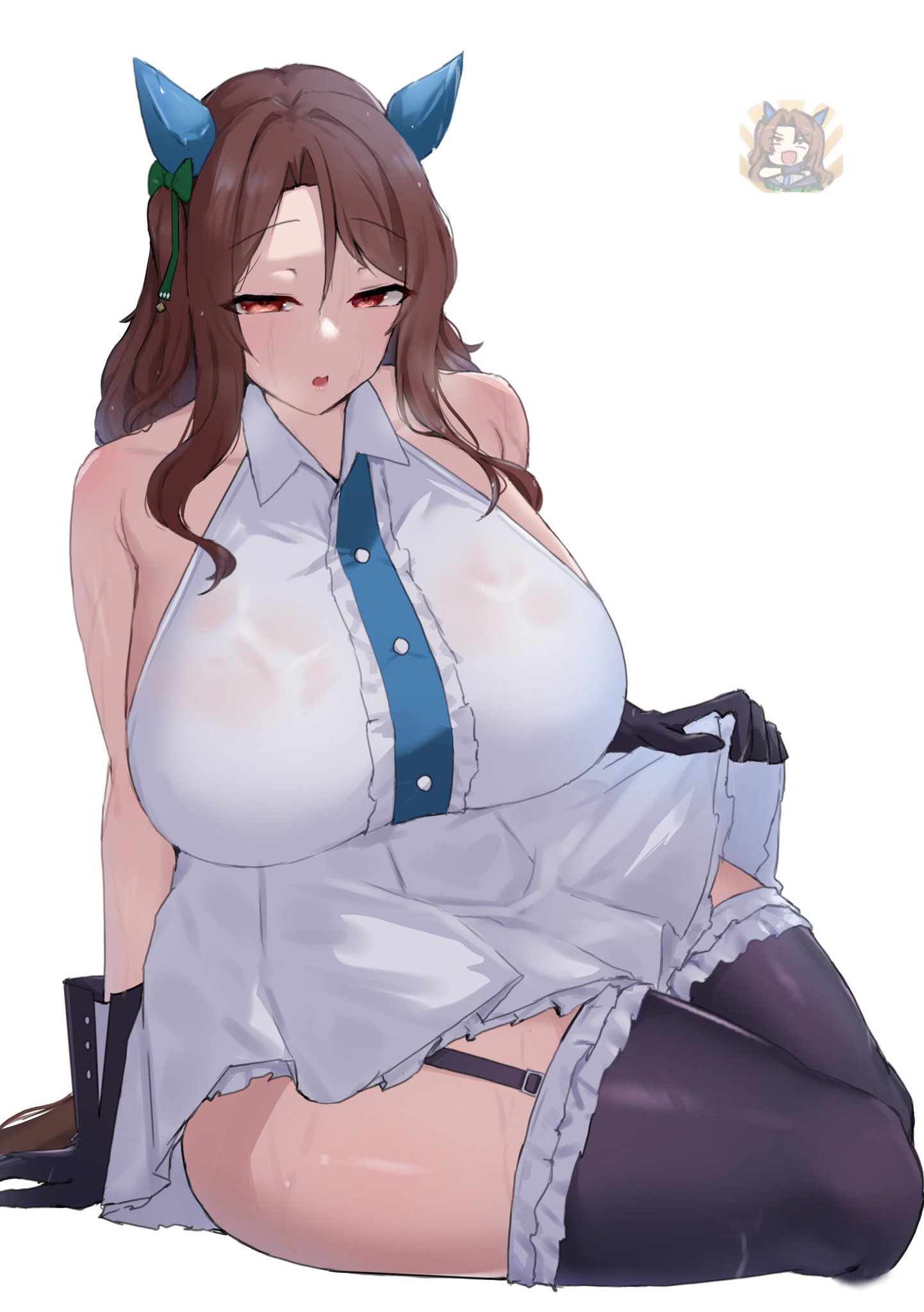 1girls, bare shoulders, black gloves, blush, breasts, brown hair, dress lift, eyebrows visible through hair, female, female only, garter belt, garter straps, gloves, horse ears, horse girl, horse tail, huge breasts, king halo (umamusume), light skin, light-skinned female, looking at viewer, noe (ppppriver), open mouth, red eyes, simple background, solo, thick thighs, umamusume, umamusume pretty derby, white background