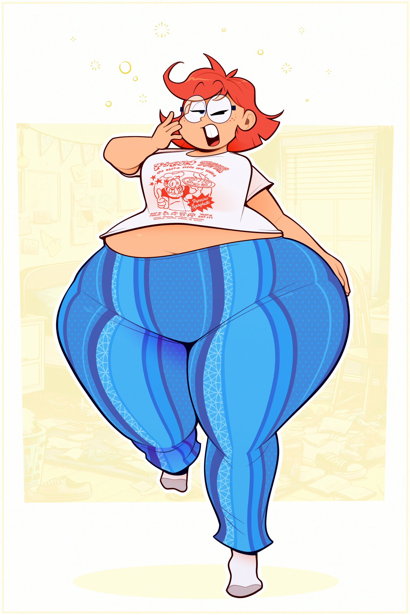 big_ass big_belly chubby_female drowsy exposed_belly glasses large_ass red_body ridiculouscake thick_thighs