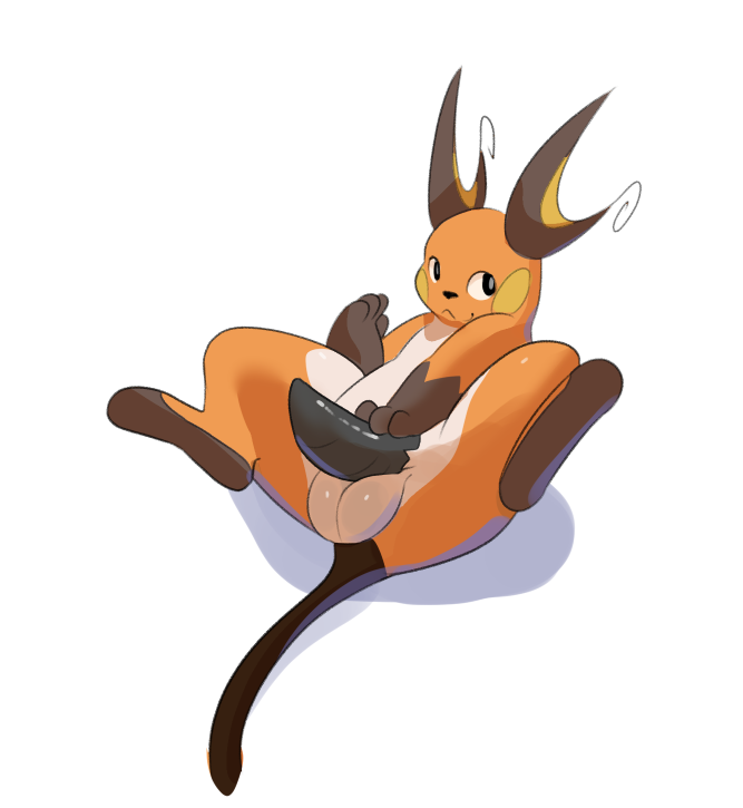 anthro balls biped black_nose brown_body brown_tail cometdragonite erection generation_1_pokemon genitals looking_at_viewer lying male mouth_closed multicolored_body nintendo on_back orange_body penis pokemon pokemon_(species) raichu shadow simple_background solo tail wavy_mouth white_background white_body