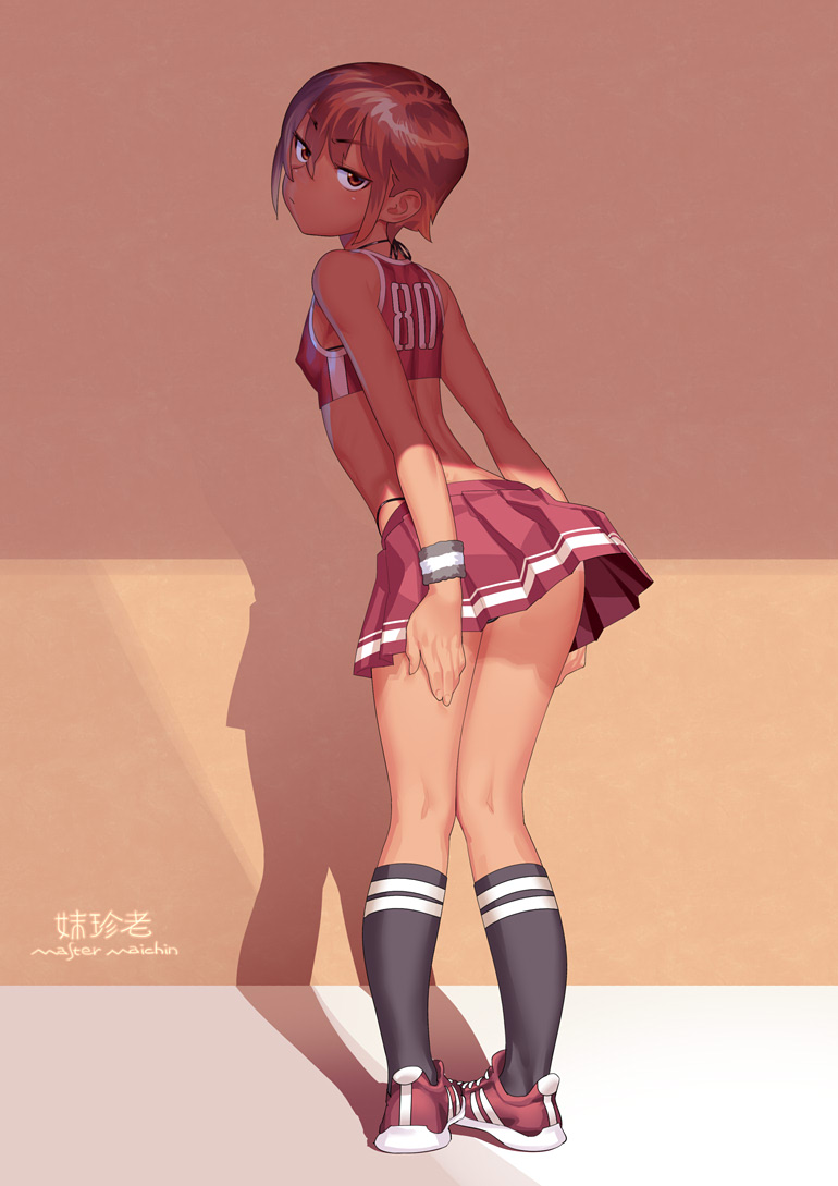 1boy androgynous arched_back ass balls_in_panties bob_cut cheerleader cheerleader_uniform crossdressing erection_under_clothes femboy girly looking_at_viewer looking_back male male_cheerleader male_only master_maichin penis_under_skirt tagme trap whale_tail