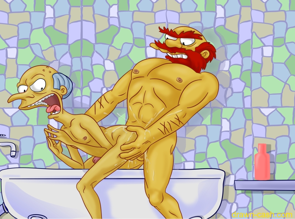 2boys age_difference anal anal_penetration anal_sex artist_request bath bathroom bathtub beard boner cartoony cum_in_ass cum_splatter erect_nipples erection facial_hair gay gray_hair groundskeeper_willie holding_hips human male_only montgomery_burns mouth_open mustache nude older_male red_hair sex standing_doggy_style the_simpsons thrusting_into_ass yaoi yellow_skin