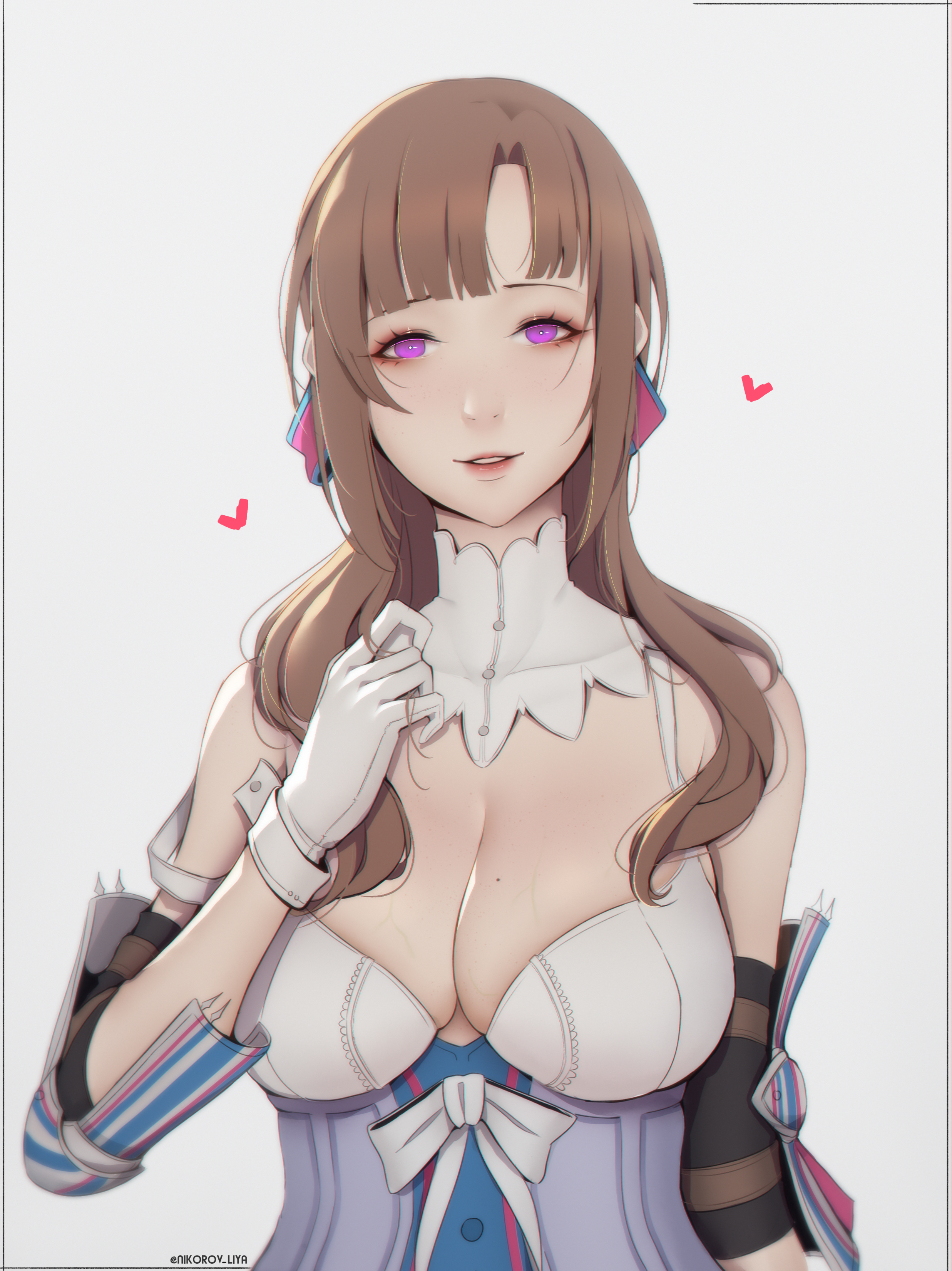 armor, breasts, brown hair, cleavage, female, female only, large breasts, liya nikorov, mature, mature female, milf, mole on breast, oosuki mamako, purple eyes, solo, tsuujou kougeki ga zentai kougeki de ni-kai kougeki no okaasan wa suki desu ka?, veiny breasts, white gloves