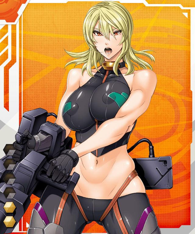 blonde_hair breasts covered_nipples cressia_hortensia fei_(maidoll) female gloves hair halter_top large_breasts lilith-soft midriff open_mouth orange_eyes railgun skin_tight taimanin_(series) taimanin_asagi_battle_arena taimanin_asagi_battle_arena_all_card_gallery weapon