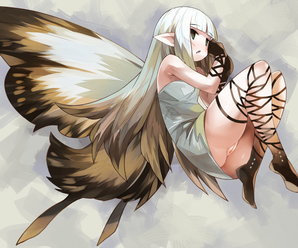 airy ass bravely_default:_flying_fairy brown_eyes brown_hair butterfly_wings dress fairy fetal_position long_hair no_panties pointy_ears pussy short_dress tsuderou wings