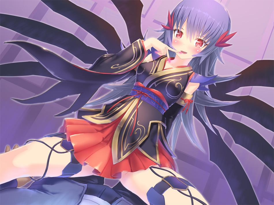 1boy blush detached_sleeves dress female homura_yuni lilith-soft minasaki_(taimanin_asagi) official_art purple_hair small_breasts taimanin_(series) taimanin_asagi_battle_arena thigh_strap wings