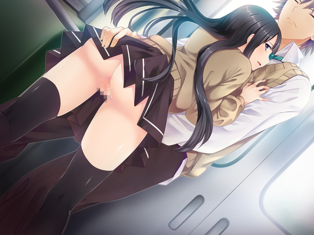 1boy ass ass_grab black_eyes black_hair black_legwear blush censored dutch_angle female from_behind game_cg gaou highres imouto_to_sono_yuujin_ga_ero_sugite_ore_no_kokan_ga_yabai leaning_forward long_hair looking_at_viewer looking_back no_panties pleated_skirt profile pussy school_uniform skindentation skirt standing thighhighs thighs train_interior