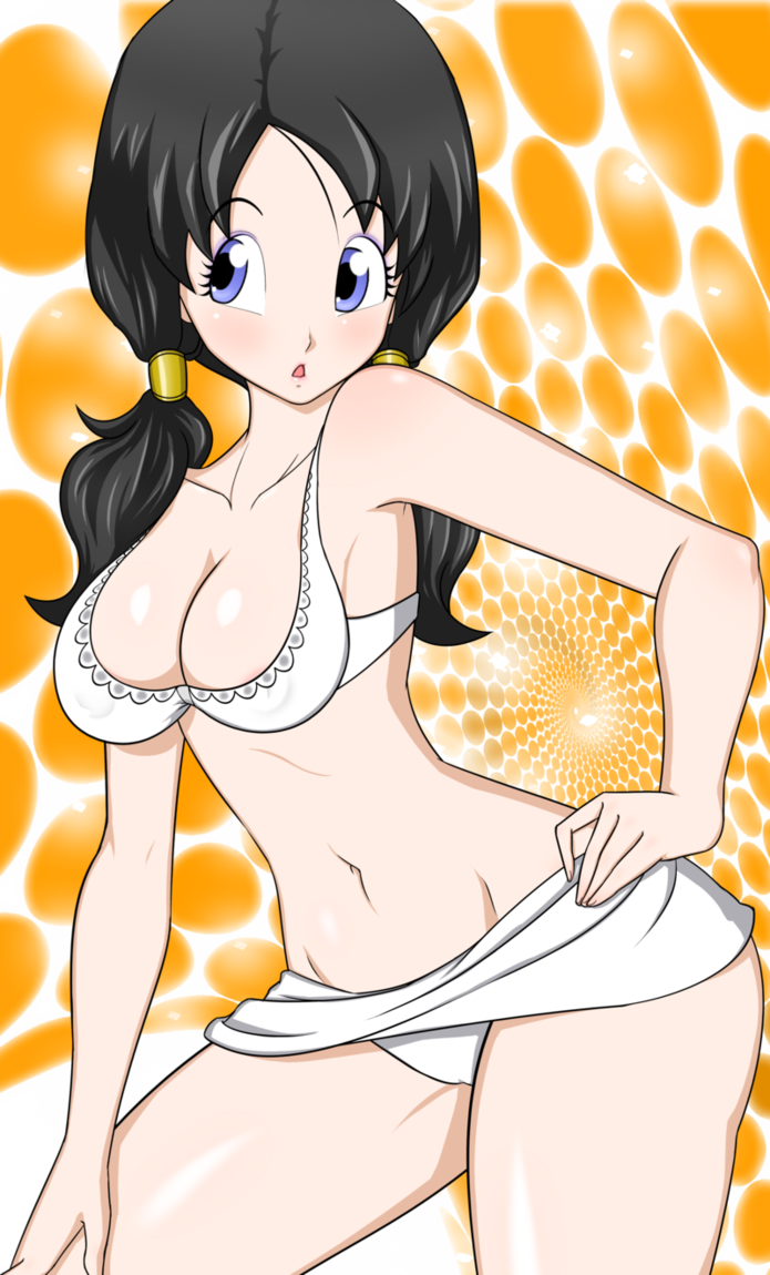 1girls areola aykoll bikini black_hair blue_eyes blush bra cleavage dragon_ball dragon_ball_z eyelashes eyeliner female female_only human milf nipples panties solo tied_hair twintails videl voluptuous