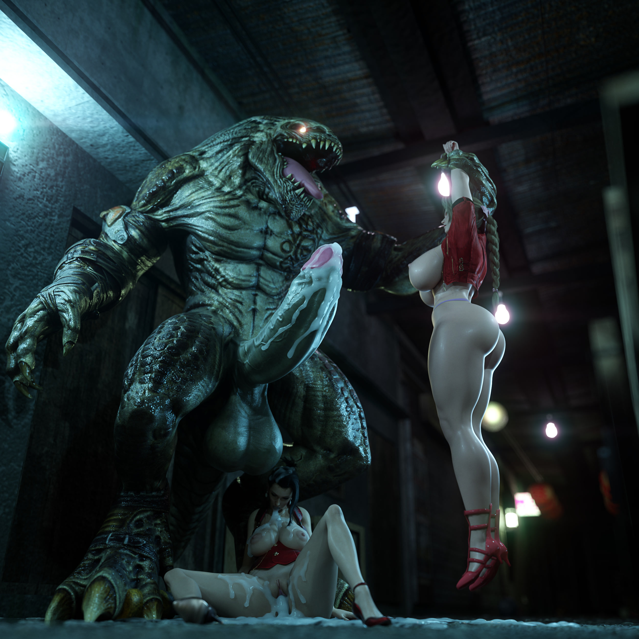 1boy, 2girls, 3d, aerith gainsborough, areolae, big breasts, blender, breasts, cum, cum in pussy, cum inside, erection, female, final fantasy, final fantasy vii, gigantic penis, huge breasts, huge cock, hyper penis, icedev, large breasts, male, monster, nipples, penis, pussy, scarlet (ffvii), straight, tlaloc