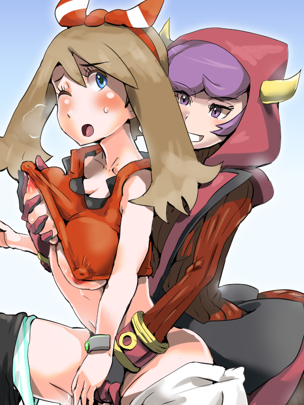 2014 2girls bandana blue_eyes blush boris_(noborhys) breasts brown_hair courtney_(poke.on) courtney_(pokemon) courtney_(pokemon_oras) erect_nipples female female_only fingering game_freak gloves grabbing_breast gradient_background grin groping groping_from_behind hood horns hourglass_figure human human_only may_(pokemon) may_(pokemon_oras) medium_breasts mega_ring multiple_girls navel nintendo nipples panties_around_leg pokemon pokemon_oras purple_eyes purple_hair shirt_lift short_hair short_purple_hair shorts_around_leg smile yuri