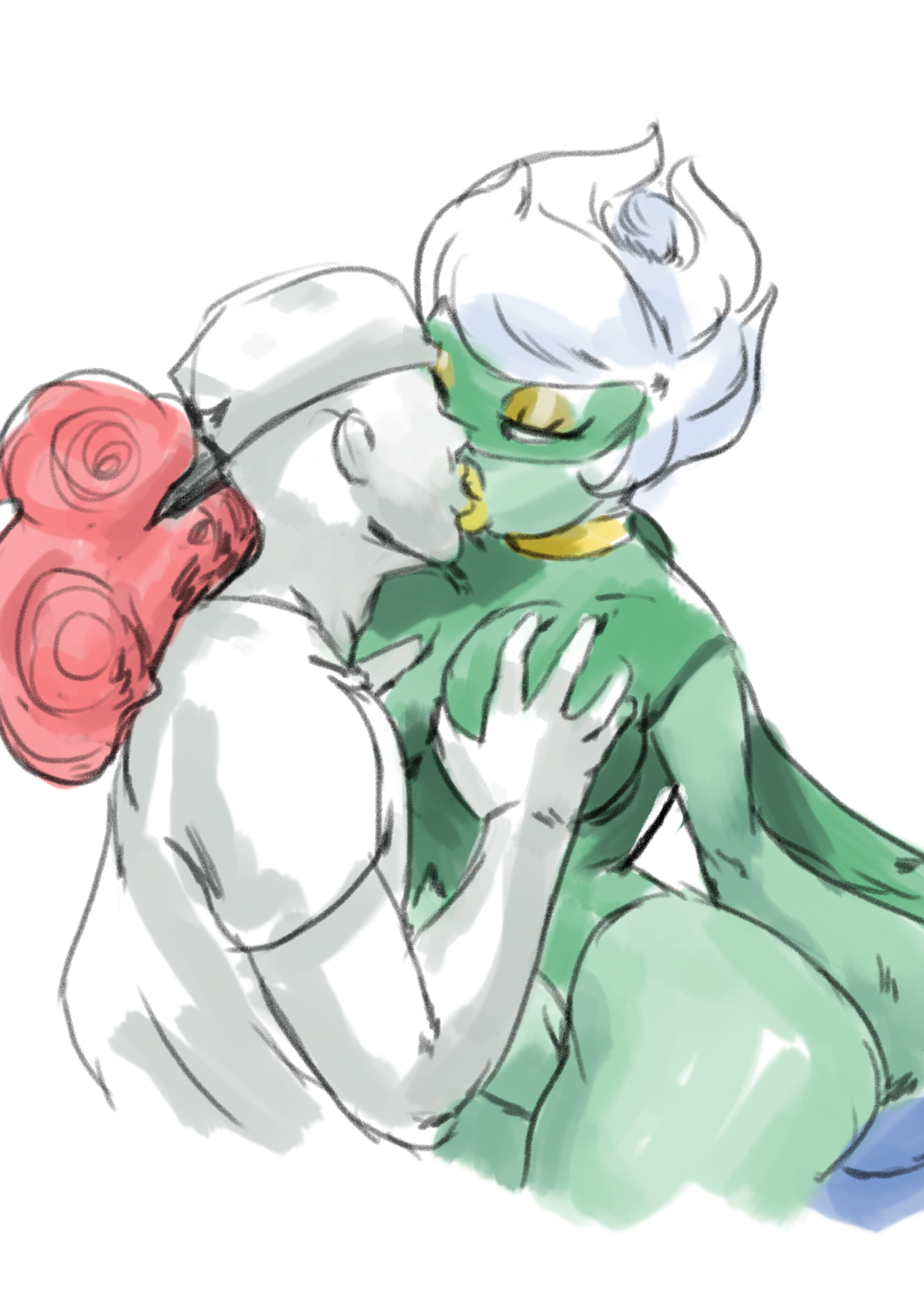 1boy, 1girls, artist request, breast grab, breast squeeze, breasts, collar, female, flora fauna, kissing, lipstick, male, plant, pokemon, pokephilia, roserade