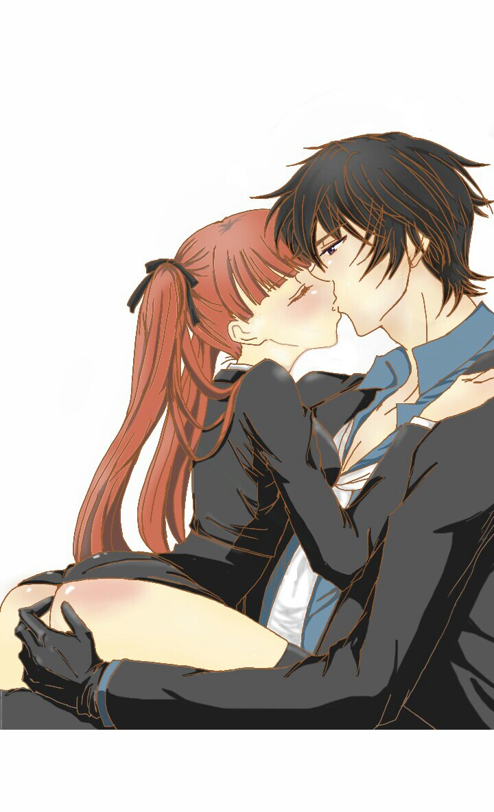 1boy age_difference arcana_famiglia ass ass_grab black_hair felicita female green_eyes kissing long_hair red_hair romantic short_hair straight suit tie tied_hair twintails