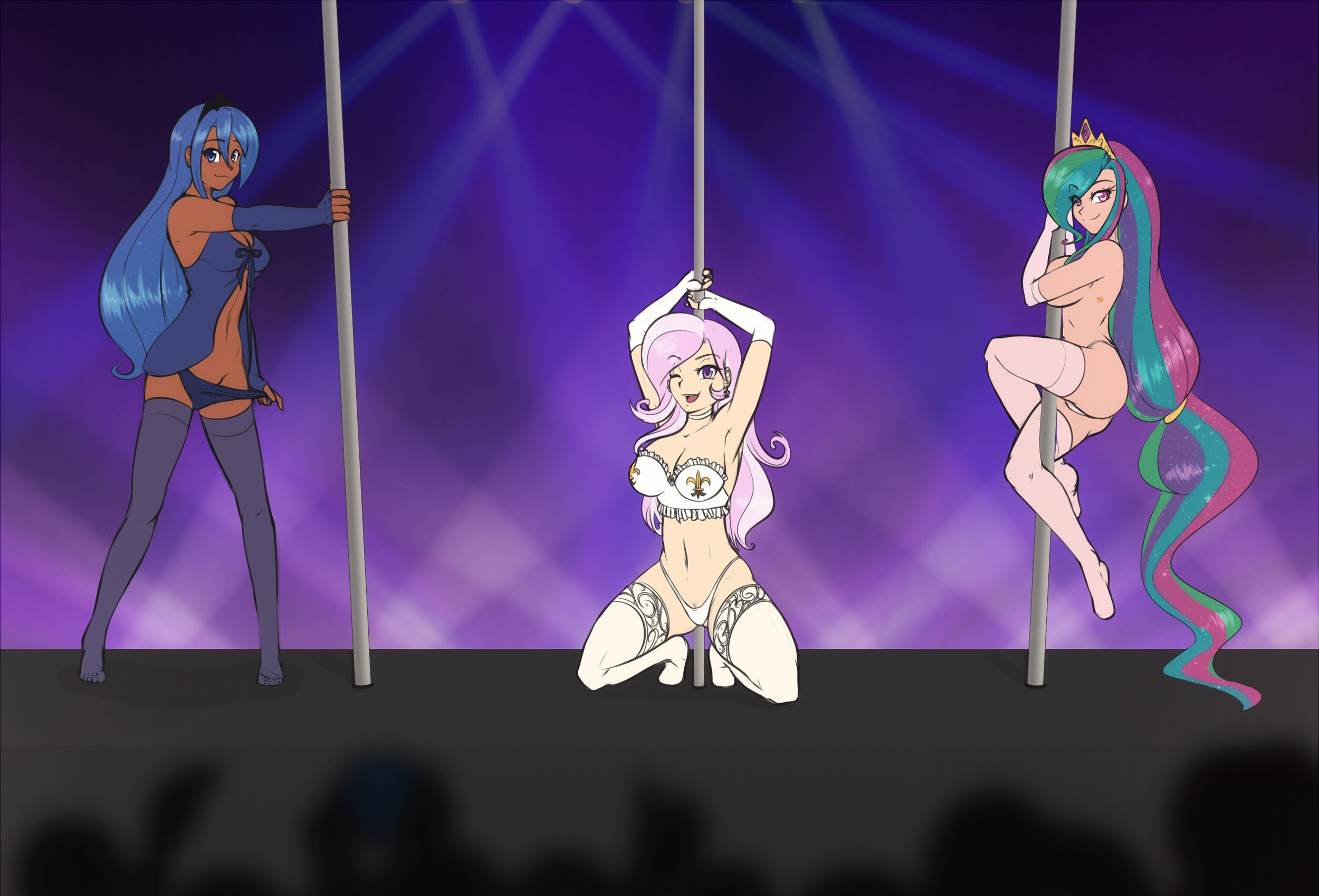 3girls, ass, audience, bare shoulders, black legwear, blue eyes, blue gloves, blue hair, breasts, choker, cleavage, dark skin, earrings, elbow gloves, female, female only, fingerless gloves, fleur de lis (mlp), friendship is magic, gloves, hasbro, highleg, highleg panties, highres, human, human only, humanized, kneeling, lingerie, long hair, multicolored hair, multiple females, multiple girls, my little pony, navel, panties, panty pull, personification, pink eyes, pink gloves, pink hair, pink legwear, pole dancing, princess celestia (mlp), princess luna (mlp), purple eyes, scorpdk, smile, standing, stripper pole, tattoo, thighhighs, tiara, translucent hair, two-tone hair, very long hair, when you see it, white gloves, white hair, white legwear, wink