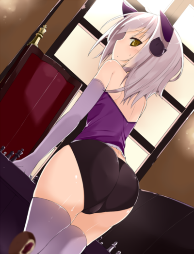 1girls artist_request ass blush cameltoe clothed detached_sleeves female female_only hair_ornament high_school_dxd koneko_toujou looking_at_viewer looking_back nekomata shiny_skin short_hair solo sweat thighhighs white_hair yellow_eyes