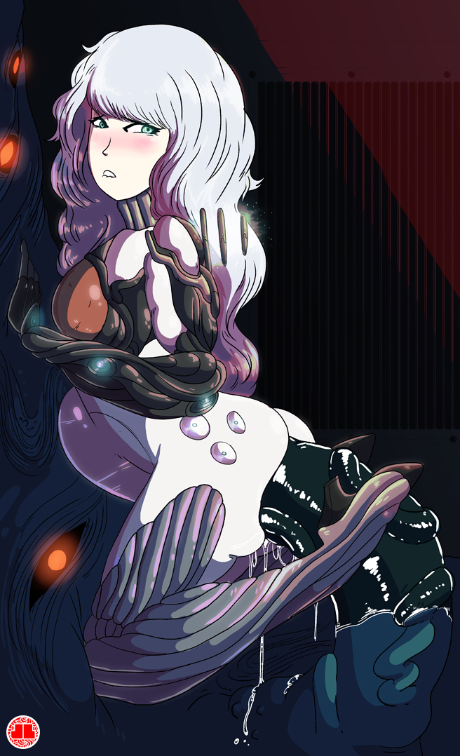 1girls, anal, anal penetration, anal sex, ass, biting lip, blush, bodysuit, breasts, bulge, eyelashes, female, from behind, green eyes, grey hair, hair, huge cock, interspecies, jlullaby, long hair, looking at viewer, male, monster, nova (warframe), orange eyes, penis, pussy, pussy juice, rape, sex, skin tight, stomach bulge, tentacle, warframe, wet