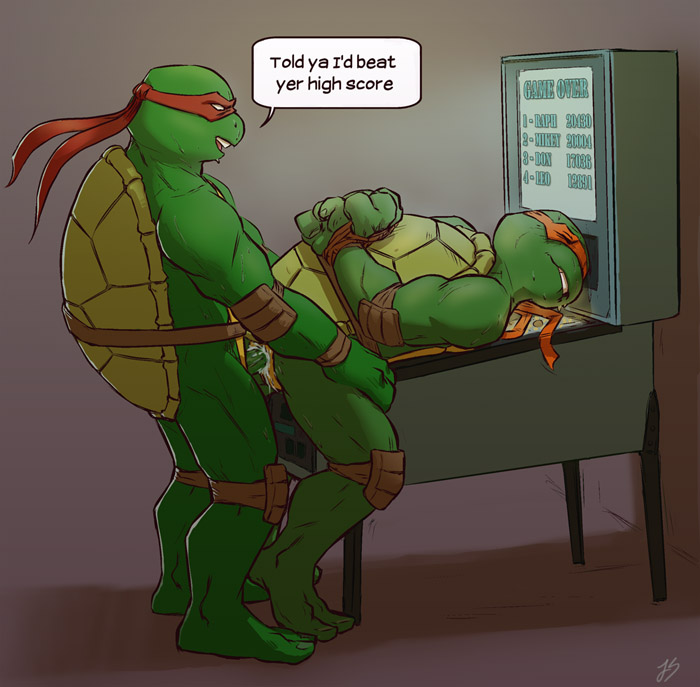 2boys anal anal_sex arcade baraqueen bound brothers color gay incest indoors machine male male_only michelangelo michelangelo_(tmnt) penetration penis raphael raphael_(tmnt) reptile scalie sex shell sibling side_view teenage_mutant_ninja_turtles text turtle yaoi