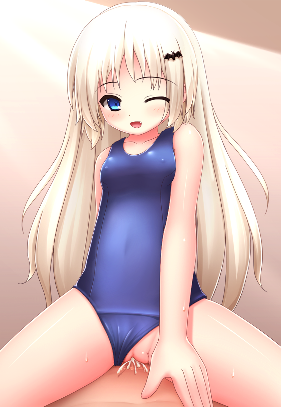 bat_hair_ornament blonde_hair blue_eyes cowgirl_position female hair_ornament kazumi little_busters! long_hair male noumi_kudryavka one-piece_swimsuit pov pussy sex straight swimsuit vaginal_penetration wink