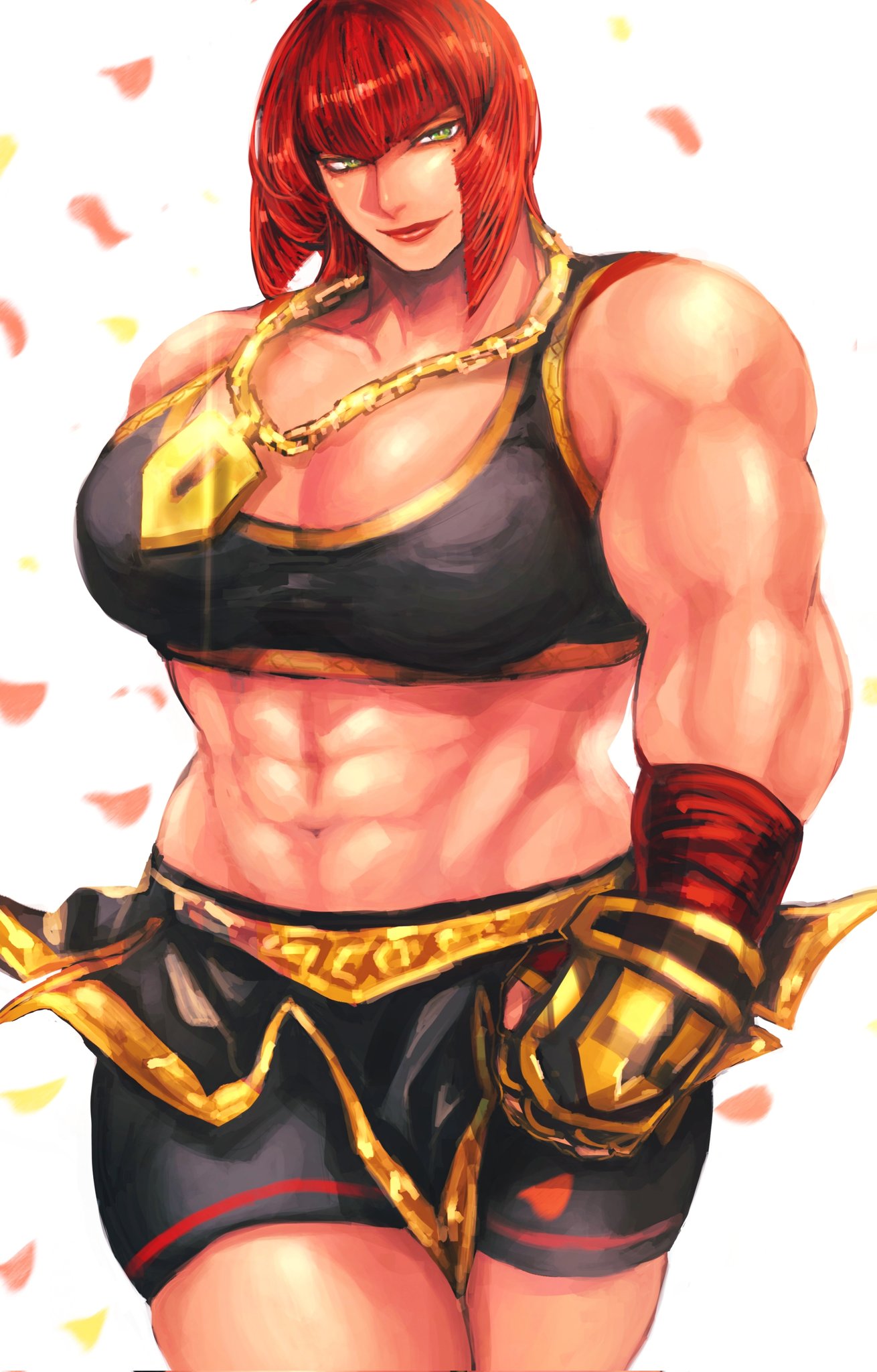 1girls abs bangs big_breasts blush breasts clavicle clothing cowboy_shot diagonal_bangs female green_eyes highres huge_breasts large_breasts looking_at_viewer looking_back marisa_rossetti mole mole_under_eye muscle muscular muscular_female navel open_mouth pectorals red_hair short_hair sidelocks smile solo solo_female street_fighter street_fighter_6 thick_thighs thighs zmnjo1440